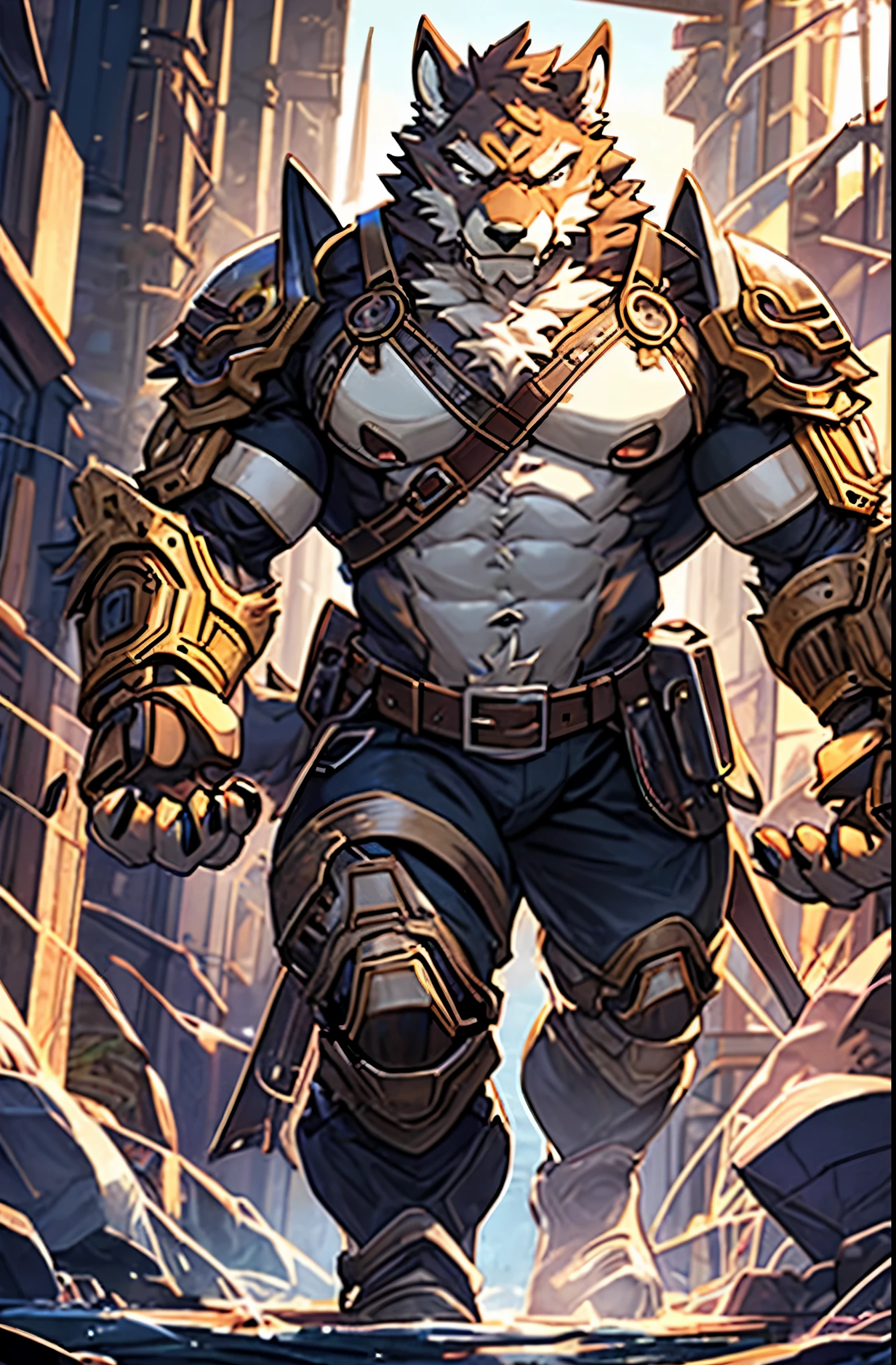 top quality, High-quality illustrations by Johannes Vermeer, masterpiece, Dark_Fantasy, Cyberpunk, steam punk(super handsome boy, single, kemono)Mechanical marvel, Robotic presence, Cybernetic guardian, wearing a worn-out mech suit, intricate(steel metal, rusty)(furry anthro:1.7)(Furry body, dog facial features, dog body features)elegant, clear focus, shot by greg rutkowski, soft lighting, vibrant colors, masterpiece((street))cowboy shot, dynamic pose,