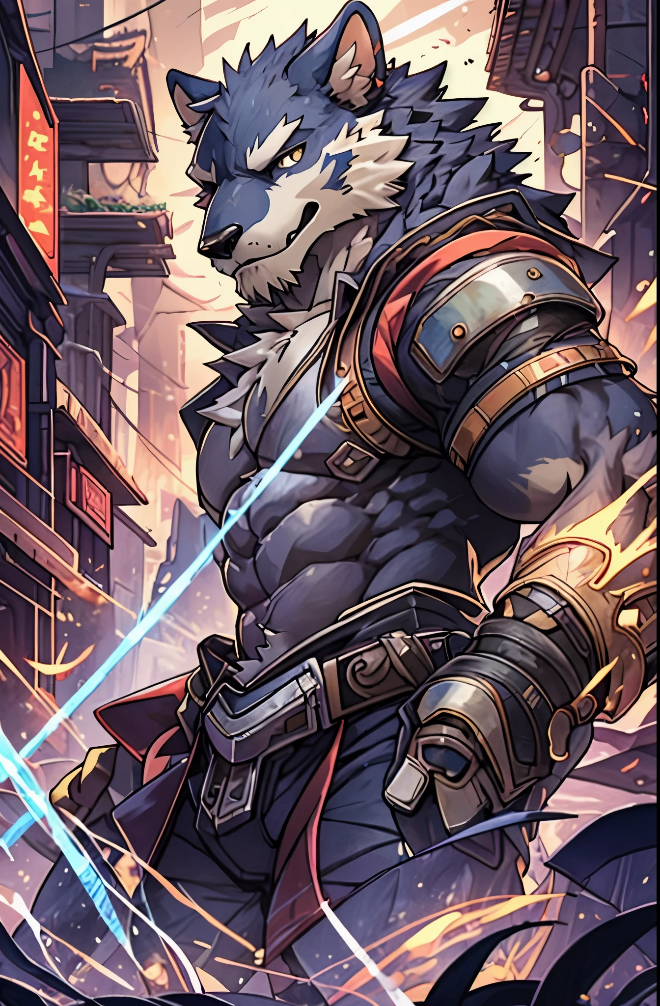 top quality, High-quality illustrations by Johannes Vermeer, masterpiece, Dark_Fantasy, Cyberpunk, steam punk(super handsome boy, single, kemono)Mechanical marvel, Robotic presence, Cybernetic guardian, wearing a worn-out mech suit, intricate(steel metal, rusty)(furry anthro:1.7)(Furry body, dog facial features, dog body features)elegant, clear focus, shot by greg rutkowski, soft lighting, vibrant colors, masterpiece((street))cowboy shot, dynamic pose,