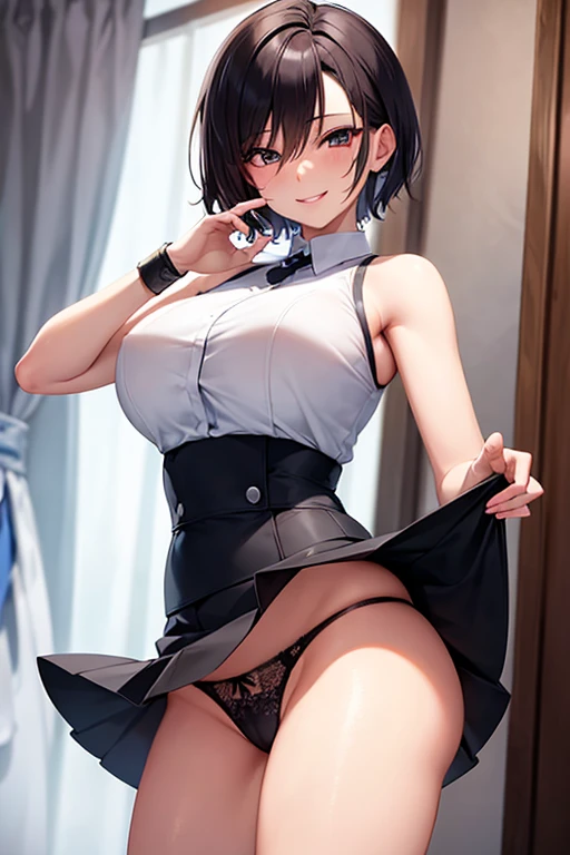 nsfw,ultra detailed,anime style,1 milf,short hair,seductive smile,sleeveless,skirt lift,show off panties,