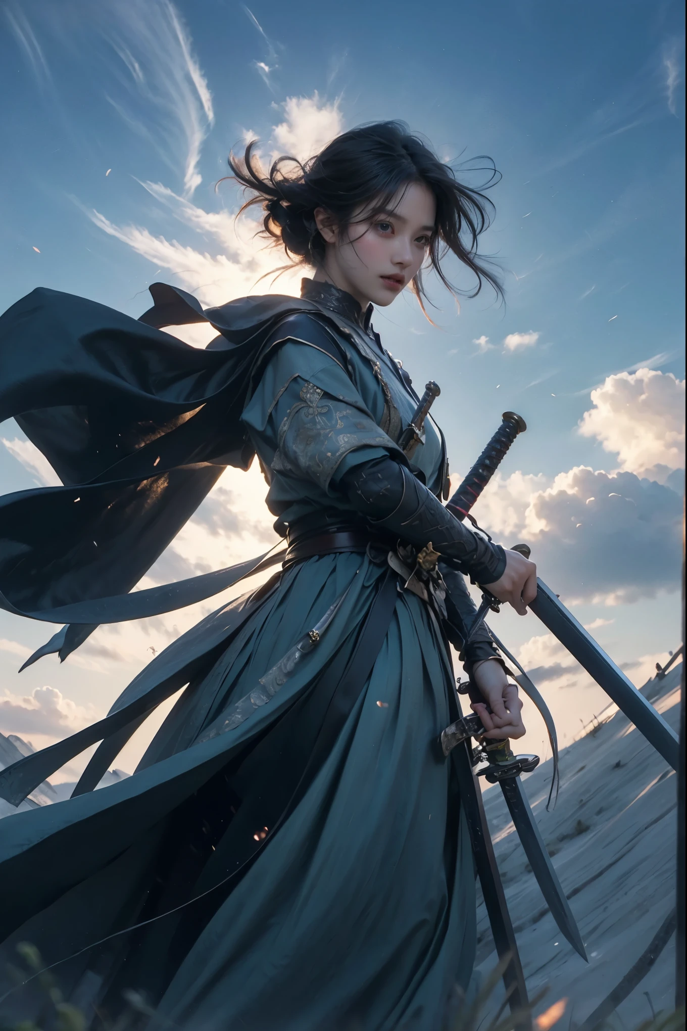 masterpiece，super high quality，a work of art，Perfect composition，1 girl，brandishing a sword in the sun，beautiful girl，Short hair details，Multiple long swords floating，wanjianguizong，jianjue，