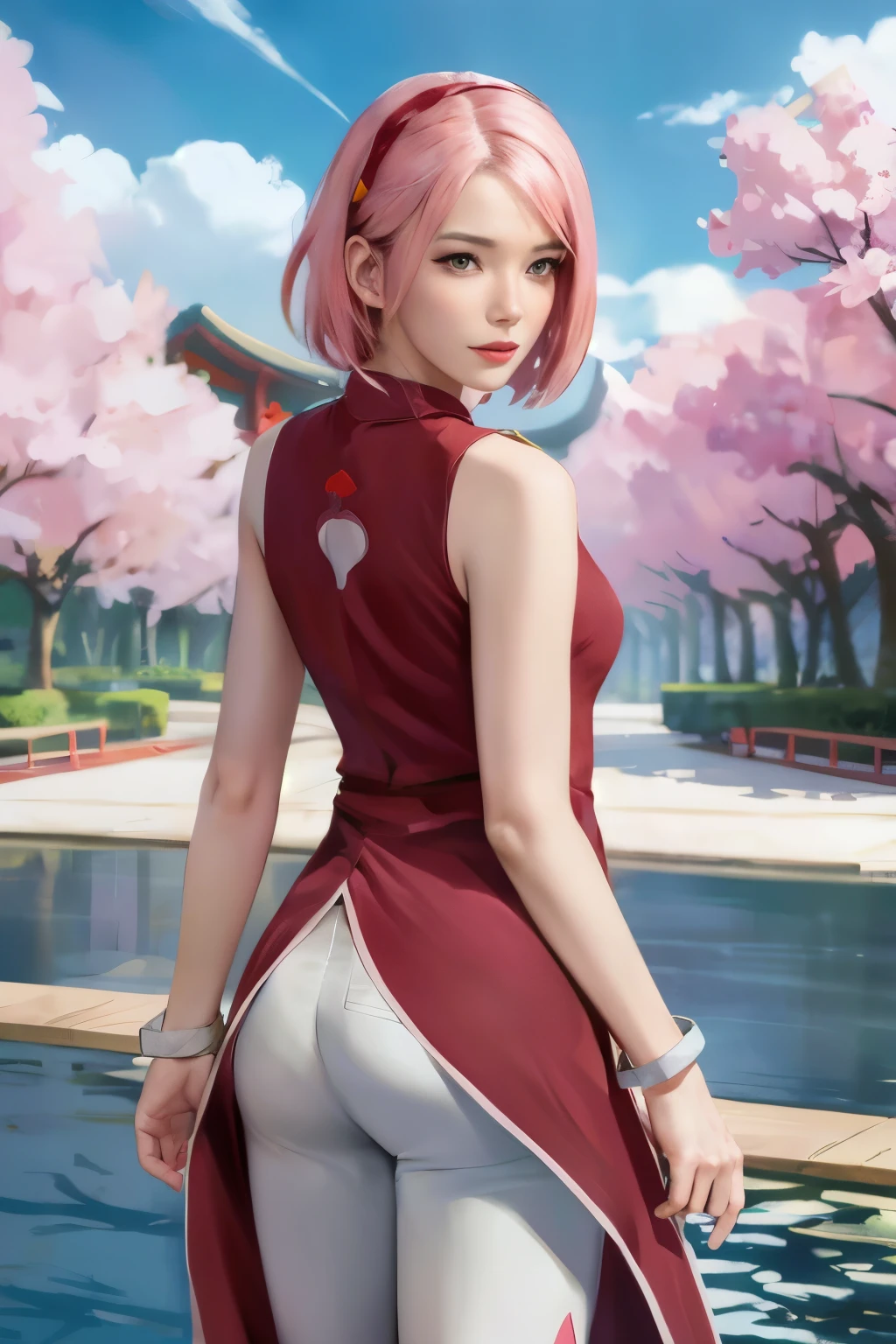 
Sakura Uchiha. a woman was standing and looking back. in a park. she was seen wearing a heart red cheongsam. the sleeveless one. and pink trousers. He also wears bracelets on both hands. she has short pink hair. she looks so beautiful and realistic