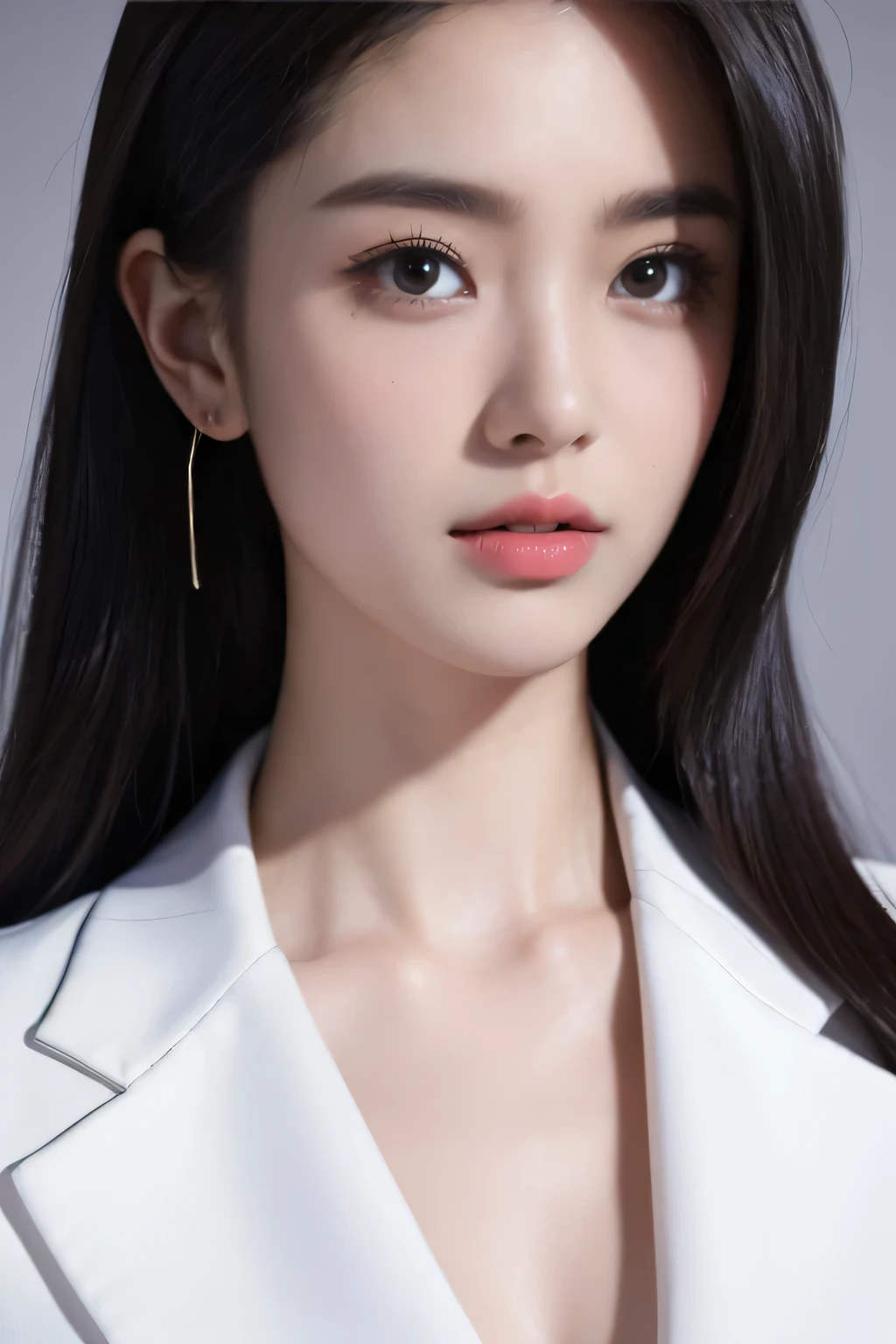 tmasterpiece,Best quality,A high resolution,8K,(Portrait photograph:1.5),(Head close-up),(ROriginal photo),real photograph,digital photography,(Girls in the workplace),(Female president),20 year old girl,random hair style,By bangs,(green-eyed),Serious and obsessed with breasts, accessories,Keep one's mouth shut,elegant and charming,Serious and arrogant,Calm and handsome,(Women's professional attire),Photo pose,Realisticstyle,gray world background,oc render reflection texture