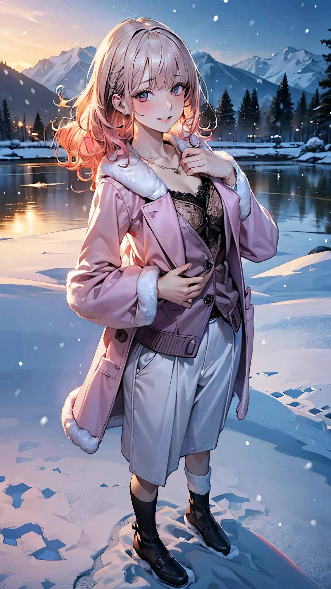 (masterpiece:1.3, top-quality, ultra high res, ultra detailed), (realistic, photorealistic:1.4), beautiful illustration, perfect lighting, natural lighting, colorful, depth of fields, 
beautiful detailed hair, beautiful detailed face, beautiful detailed eyes, beautiful clavicle, beautiful body, beautiful chest, beautiful thigh, beautiful legs, beautiful fingers, 
looking at viewer, full body, 1 girl, princess, perfect face, (perfect anatomy, anatomically correct), cute and symmetrical face, babyface, shiny skin, (tsundere:1.3), 
({short hair | long hair}, curly hair, light pink hair), bangs, brown eyes, drooping eyes, long eye lasher, (medium breasts), slender, hair ornament, lace-trimmed hairband, necklace, earrings, 
((pink jacket), sweater, loose socks, ), sleeves past wrists, white headwear, leg warmers, jewelry, fur trim, pom pom (clothes), socks, pantyhose, long sleeves, white fur-trimmed_boots, 
(beautiful scenery), evening, mountain, snow, winter, (snowing:1.2), snowflakes, dynamic pose, (seductive smile, upper eyes, parted lips),
