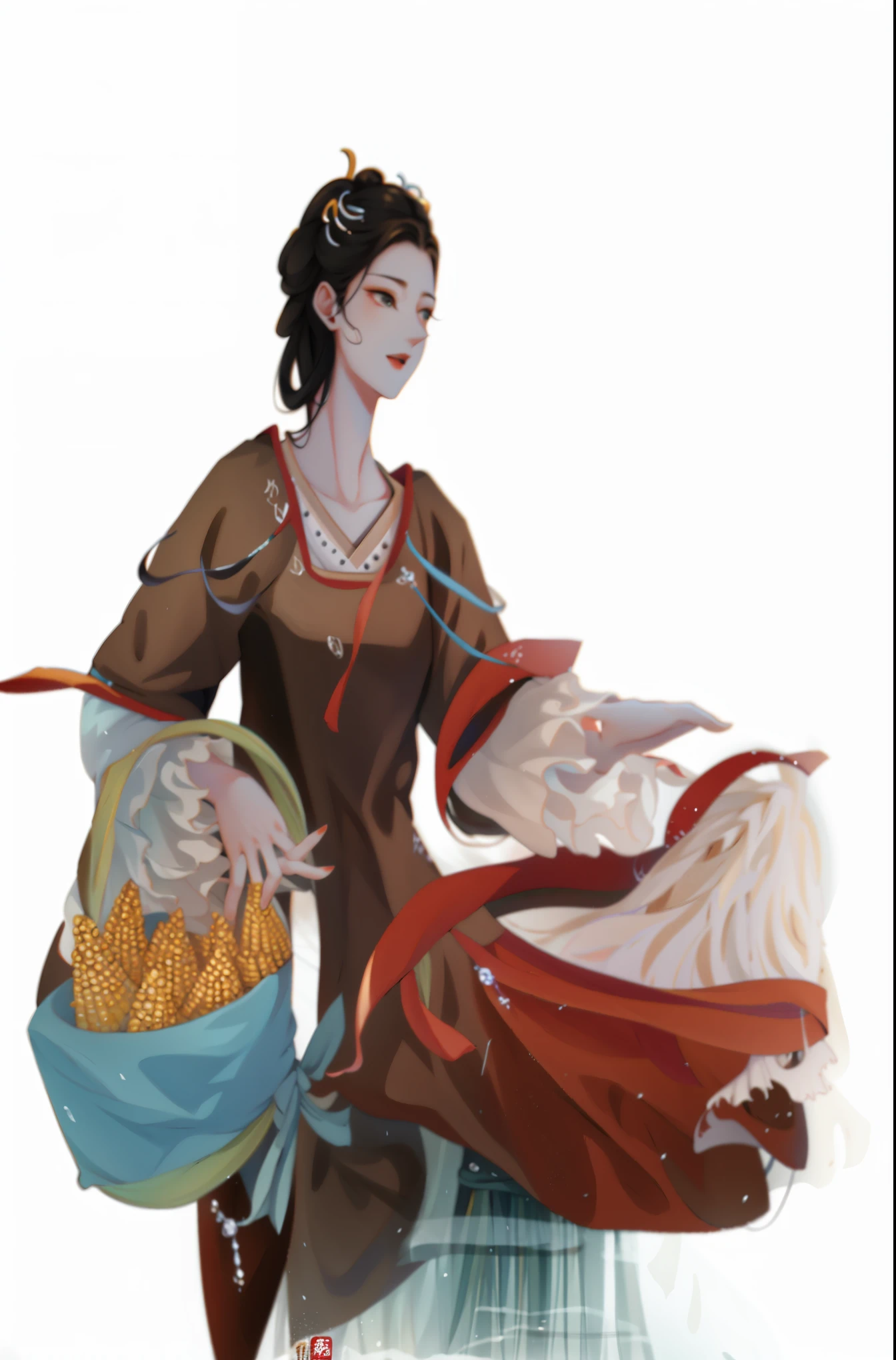 有一个女人拿着basket of corn,basket of corn, Inspired by Zhu Lian, Inspired by Lan Ying, inspired by trees, Inspired by Du Qiong, Alice Gainsborough, harvest goddess, Inspired by Tang Yifen, Inspired by Qiu Ying, Inspired by Shen Si Zheng, Inspired by Lu Ji,only one person