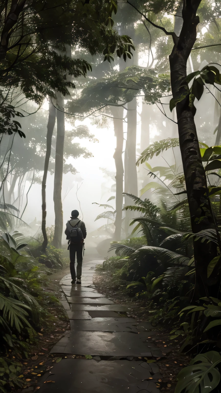 Faint light,Jungle winding path,it'it's foggy,one person, Back,Stand in the center,