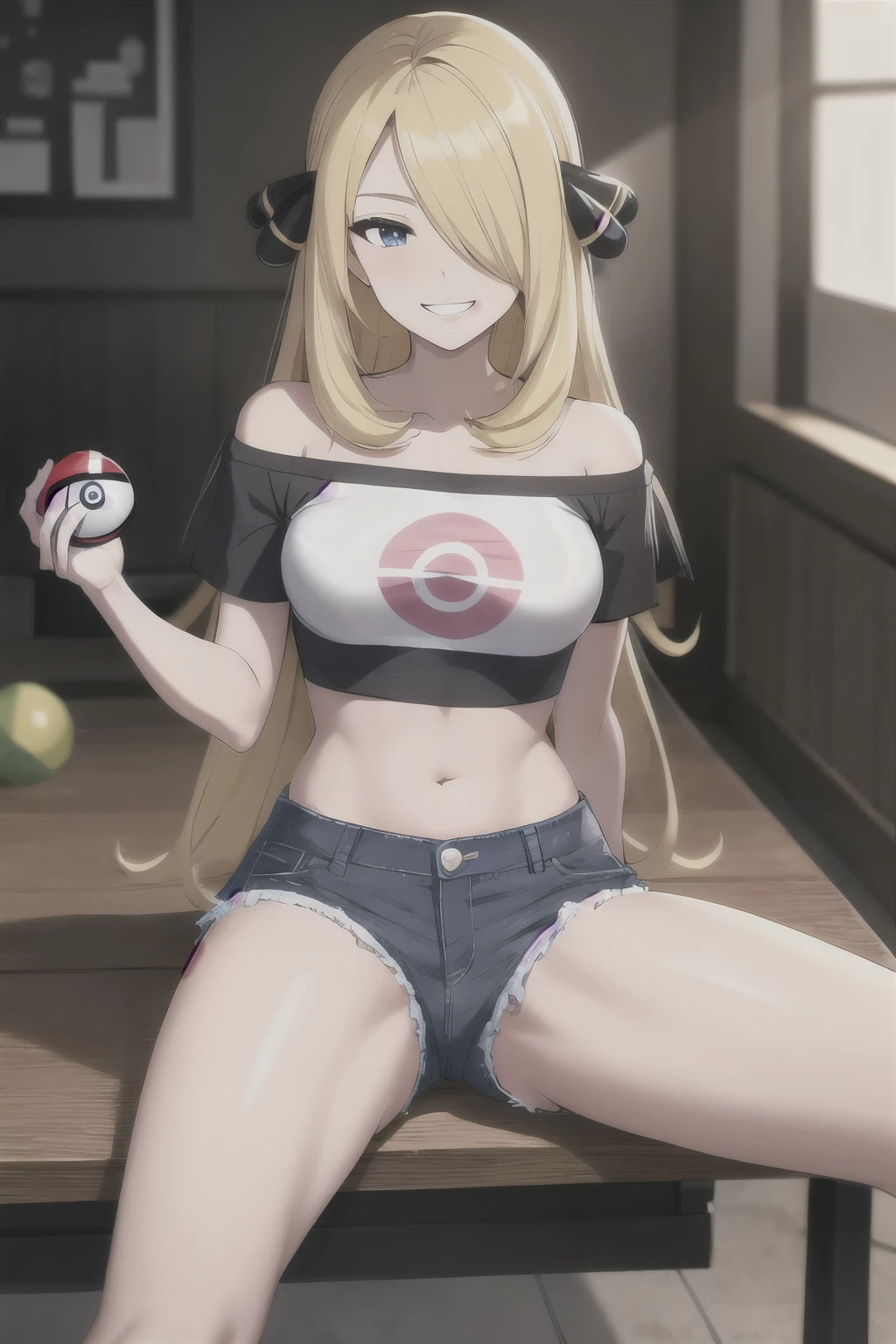 Highres, Detailed, Extremely Detailed,
indoors,
in front, (spread legs shot), m shape legs,
solo, cynthia (pokemon), sitting, (holding pokeball:1.2),
perfect slim body, (medium breasts),
off-shoulder, (crop top), short sleeves, (short denim shorts),
blue eyes, seductive smile, teeth,
blonde hair, (long hair), hair over one eye, (hair ornament:1.1),
hyper detailed, high quality,
