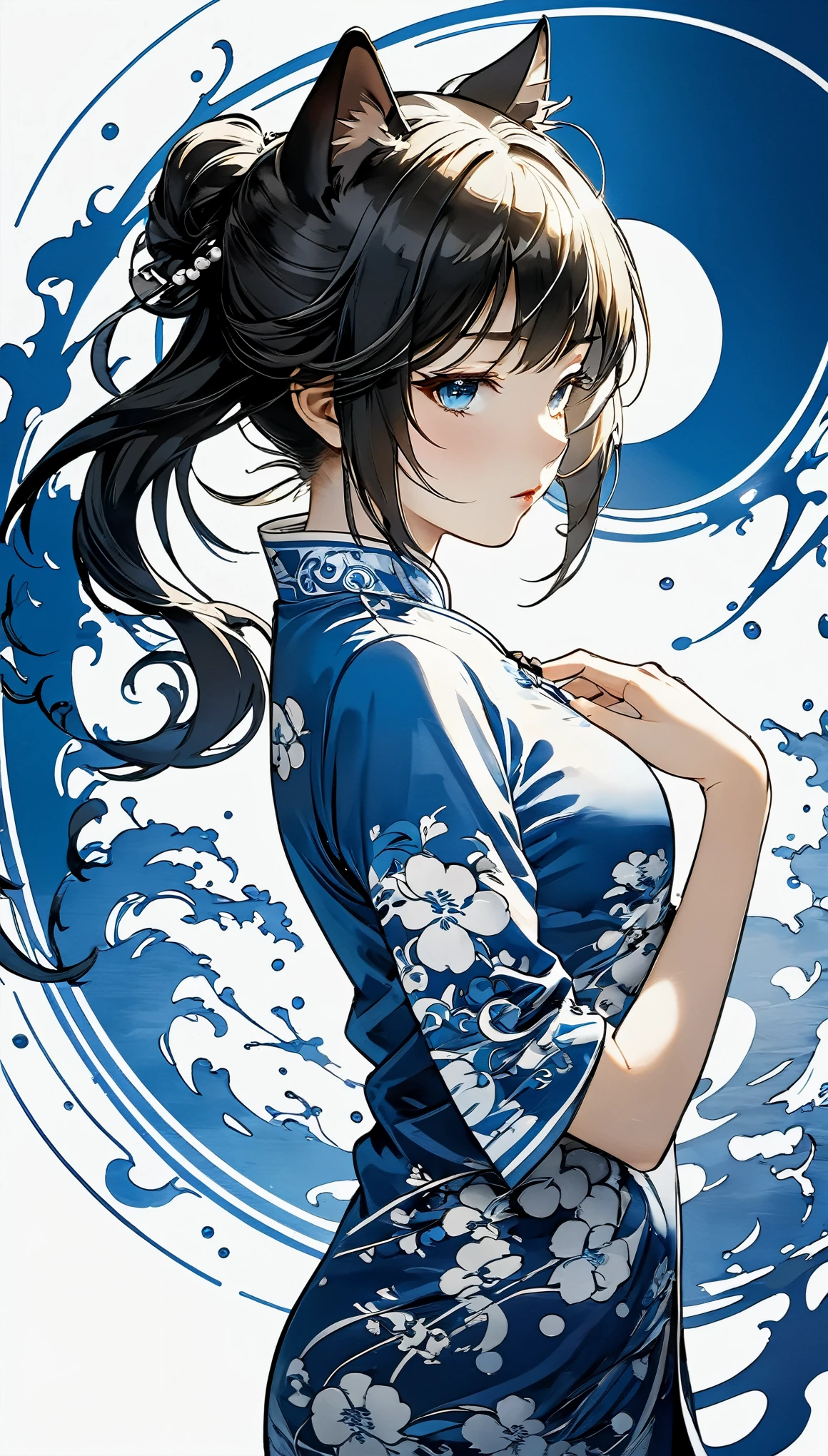 a girl, streaked hair, streaked hair, Blue and white porcelain cheongsam, Black and white yin yang tai chi background, gangster girl, backlight, Deep shadows, cat silhouette light, Cat squats on girl‘s shoulder, Charming suit cheongsam design, minimalist style, Tai Chi, Yin Yang style, Ink splash style background., chiaroscuro, glowing light, backlighting, motion lines, Carl Larsson, UHD, anatomically correct, masterpiece, retina, UHD, masterpiece