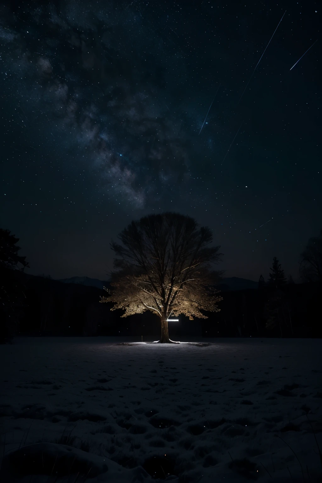 The logo concept depicts a solitary tree standing beneath the dim moonlight. The silhouette of the tree is positioned at the center of the logo, with its curved branches and falling leaves creating an impression of peace and silence. Above the tree, there is a cluster of shimmering stars illuminating the night sky with their twinkling lights. However, among these stars, there is one larger and brighter star than the others, symbolizing the primary focus amidst the silence. The overall color scheme of the logo consists of dark hues such as midnight blue and deep purple, with the white sparkle from the stars shining upon the tree. The text font used for the word "Silence" below the illustration is simple yet clear, creating an engaging contrast while still emphasizing the main message about silence.