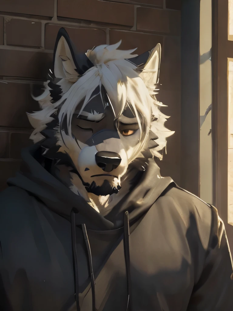 
(masterpiece)，(Very detailed)，(Very detailed)，(best quality)，hairy，Wolf，gray fur，white hair，golden pupiluscular，Strong build，(Black casual wear (Open 1.2))，((wall shot))，8k，((high quality)), tired, sleepy, bad mood