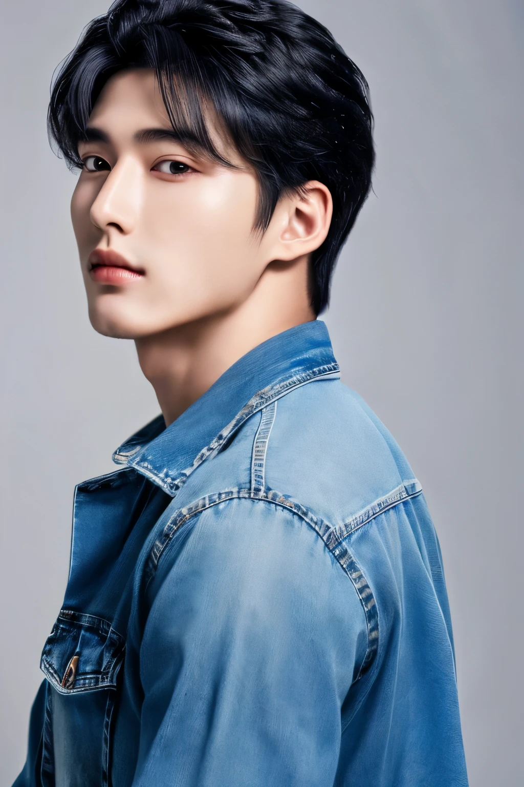 (8K, highest quality, masterpiece, ultra high resolution:1.2),1 Korean boy,20-year-old、black hair、Chi Zun Chun handsome man、turn around、super handsome、denim、model、