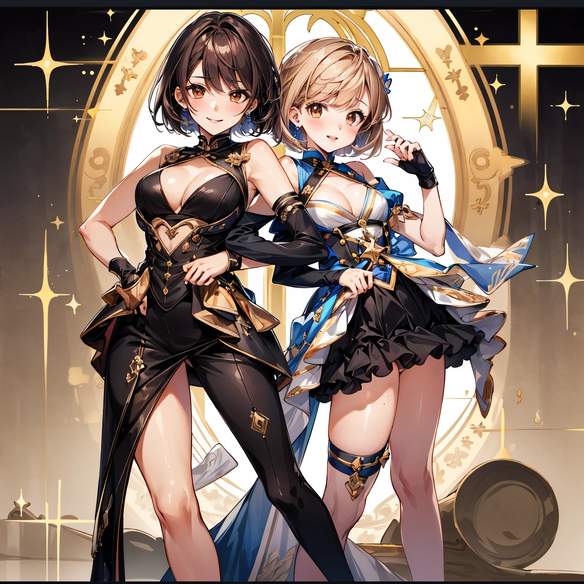 (4k, anatomically correct,highest quality:1.5),one woman,Idol,shinycolors,sexy,adult woman,shining smile,cute tits,hair ribbon,short bob,brown hair,shiny hair,(胸の谷間が見えるsexyミニドレス,black clothes,Bijou),standing,Peach-colored teak,ID photo,Depth of the bounds written,glossy lip,sing a song