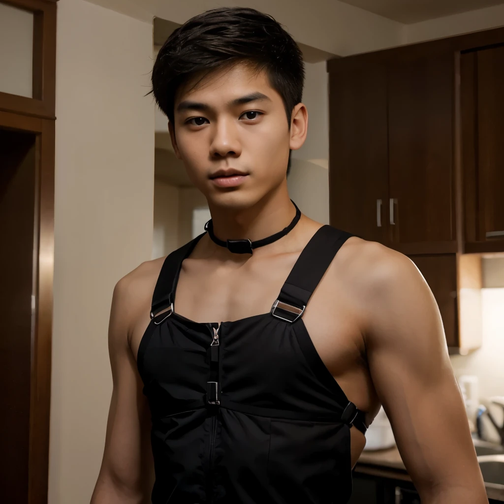 1boy,asian young man,3 days beard,skinny,twink,normal body , with harness