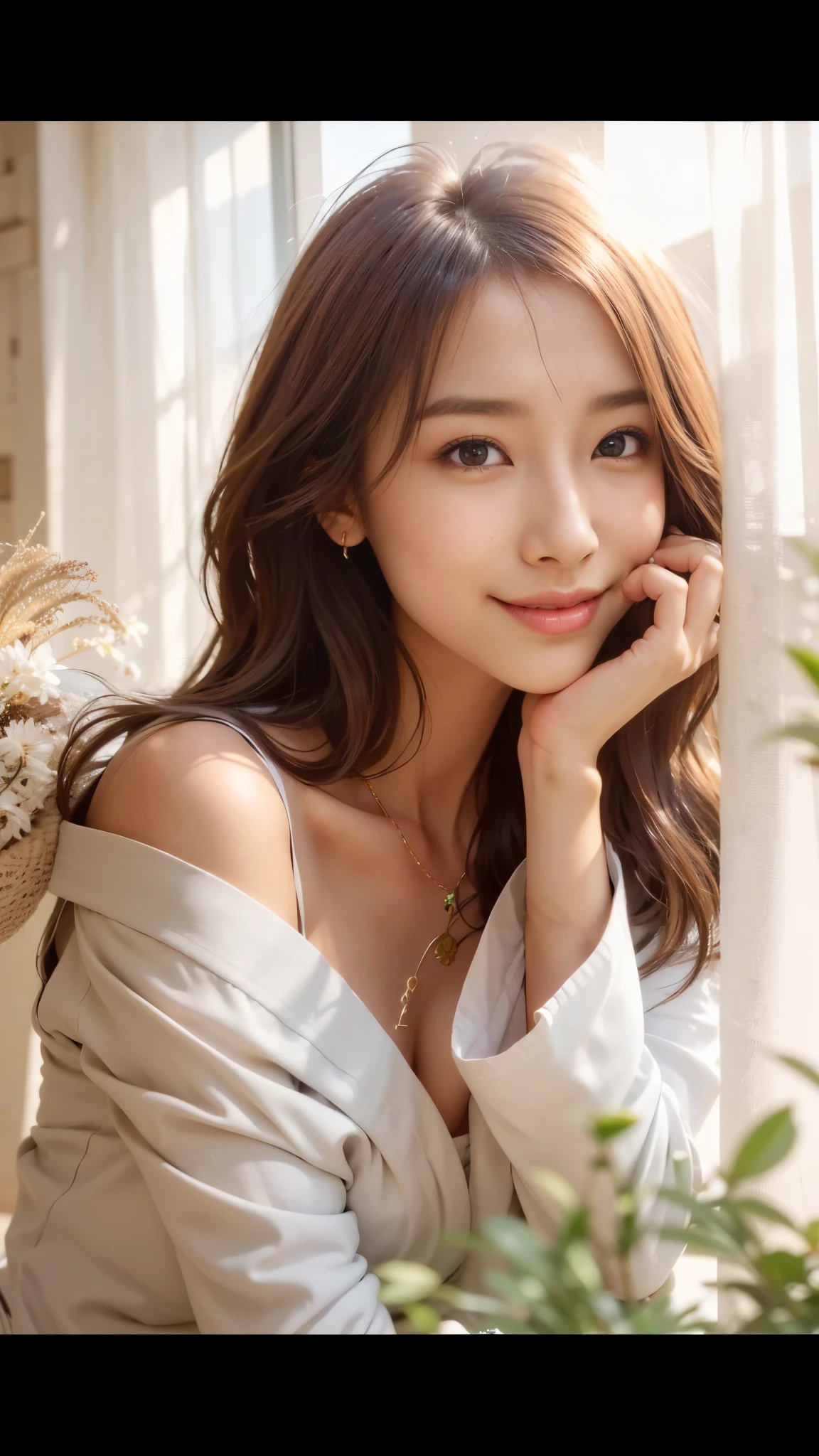 ((8k:1.27)、highest quality、masterpiece、超A high resolution:1.2)photo beautiful japanese women (fun:1.1) (gray clothes:1.21) Designed by Greg Rutkowski and Alphonse Mucha Complex elegance、fantasy、detailed、geometry、gradient lighting、1 girl、26 years old、delicate skin、looking at the audience、brown eyes、(flaxen short hair:1.2)、(very big breasts:1.0)、(medium areola:0.8)、(Photoreal:1.4)、(highest quality:1.0)、(超A high resolution:1.0)、(Without the use of hands:1.0)、8k、Raw photo、 (representative song: 0.2), (Pueros face_v1:0.5)、tight clothes、tote bag、No sleeve、one piece、No sleeve、See-through、smile、necklace、linen material、shirt、Ginza 4-chome、after work、evening、business fashion、parted bangs、hair tied up、gentle smile、
