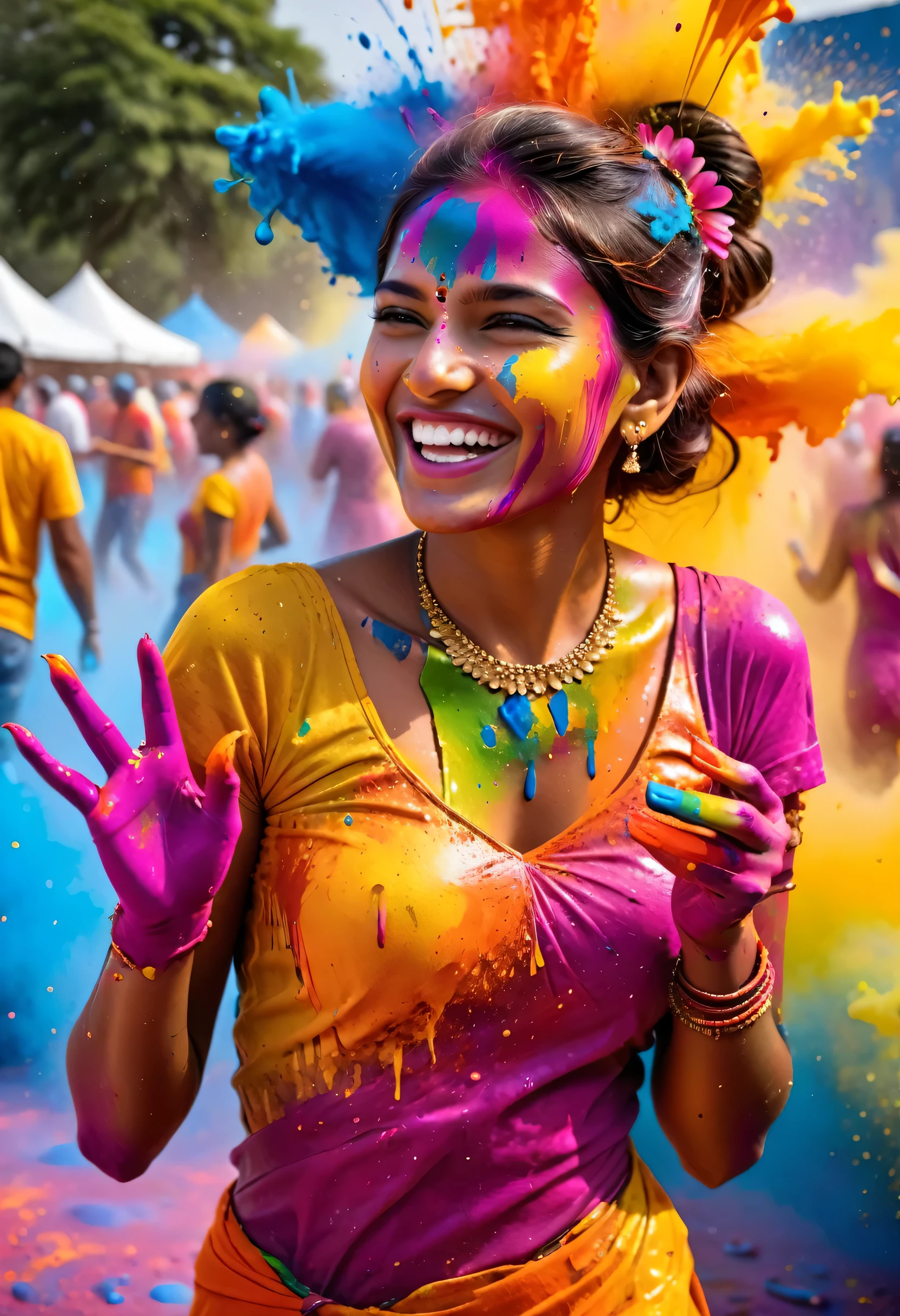 (best picture quality，4k,8k，high-definition，masterpiece:1.2)，Ultra-detailed，(lifelike，lifelike，lifelike:1.37)。Indian festivals，paint festival，ink splatter：1.37，Sprayed paint：1.37.beautiful indian ，Colorful paint on face，golden eyes，exquisite gold jewelry，happy，hapiness，Contagious smile，Colorful costumes，colored nails，Sprayed paint on body，Splashes of colorful paint at events，paint splatter background，Color spray painting，Energetic movement，Dynamic and powerful abstract art，rich colors，propylene，Vivid rainbow hues，hapiness lively atmosphere，bright orange，Pink，Whimsical and dreamy，Spontaneous splashing，bold color contrast。