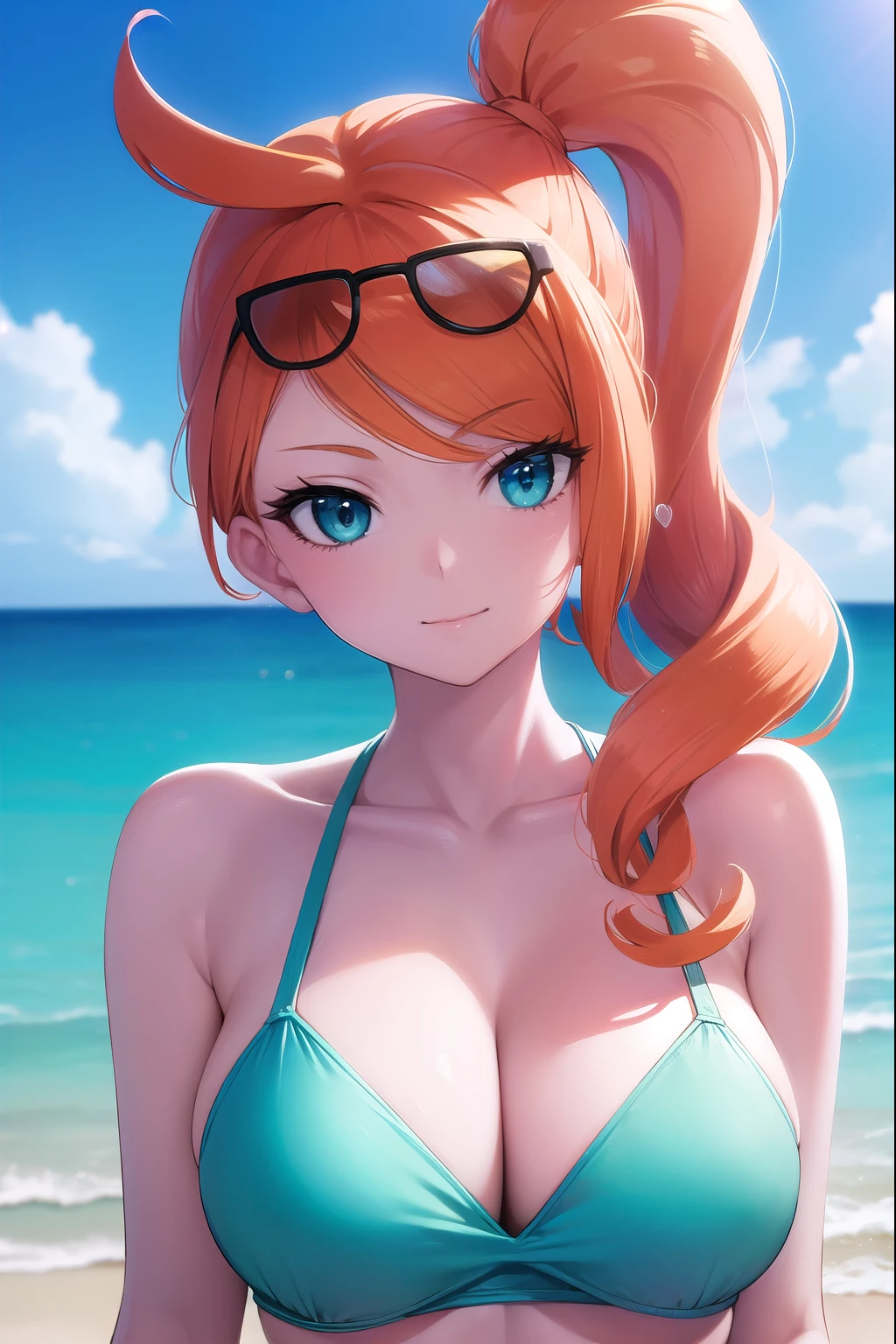 pokemonsonia, pokemonsonia, aqua eyes, heart, heart hair ornament, long hair, orange hair, side ponytail, swept bangs, smile, sexy 
BREAK , aqua nails, aqua bikini, big , collarbone, eyewear on head, orange-tinted eyewear, sunglasses, tinted eyewear,
BREAK looking at viewer, (upper body:1.2),
BREAK outdoors, beach, sky, sun,
BREAK (masterpiece:1.2), best quality, high resolution, unity 8k wallpaper, (illustration:0.8), (beautiful detailed eyes:1.6), extremely detailed face, perfect lighting, extremely detailed CG, (perfect hands, perfect anatomy),