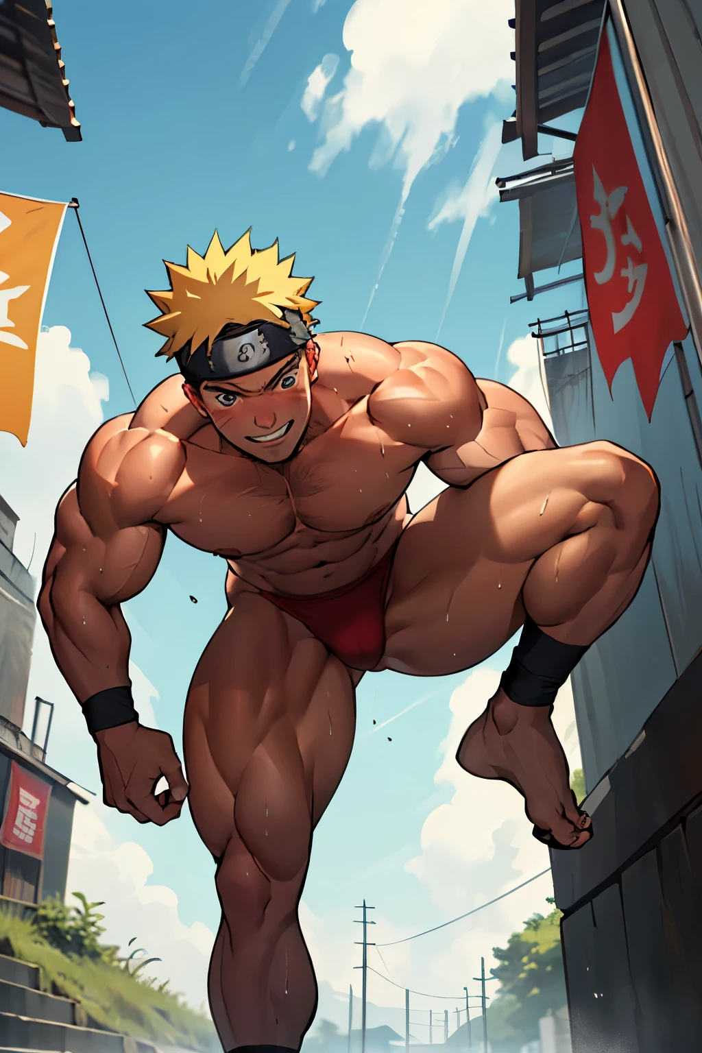 (Full body) (photo subject: Close-up of muscular thigh muscles ) (photo angle from bottom up)(Drawings of Naruto anime) (photo angle from the ground upwards) [Anime photo][highest quality photo][4k,HD photo quality ] wear tight and short loincloths   (muscular thigh muscles, firm thigh muscles, muscular thigh muscles, sinewy thigh muscles, giant thigh muscles, strong leg muscles, muscular hamstring leg muscles) ,Uzumaki Naruto fun, happy,bodybuilder,bodybuilding, standing, red skin,reddish brown skin, lots of sweat flowing down, topless, shirtless, hot sunny, (do not wear banners,do not wear headbands)