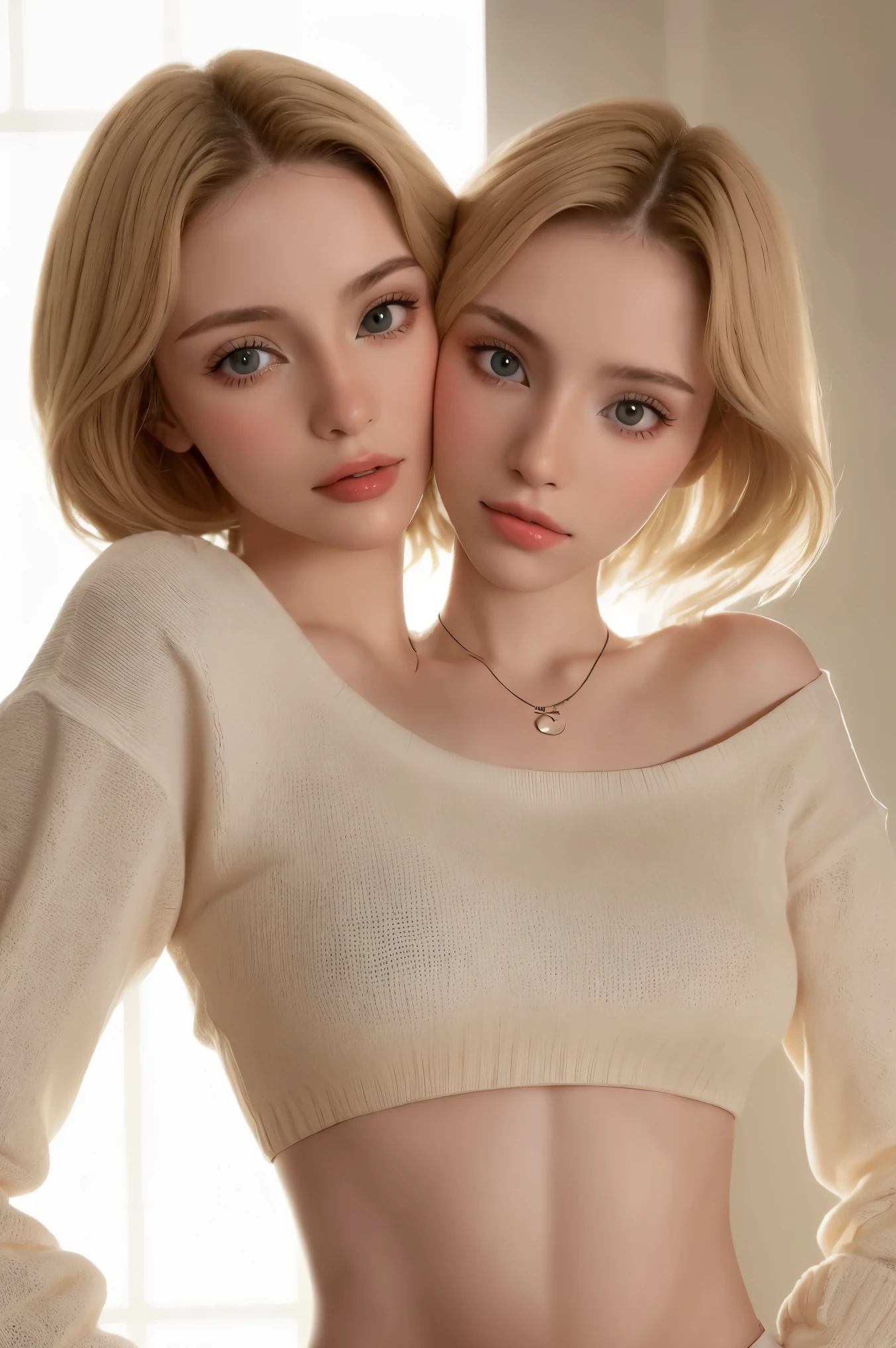 4k, 8k, ultra highres, raw photo in hdr, sharp focus, intricate texture, skin imperfections, realistic, detailed facial features, highly detailed face, posing, standing,perfect lighting, necklace, caucasian women, (fashion),Peachmilky1, blonde hair,sweater, midriff, conjoined_dicephalus, (two heads:1.2)