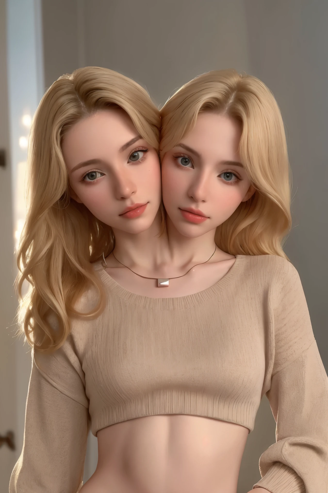 4k, 8k, ultra highres, raw photo in hdr, sharp focus, intricate texture, skin imperfections, realistic, detailed facial features, highly detailed face, posing, standing,perfect lighting, necklace, caucasian women, (fashion),Peachmilky1, blonde hair,sweater, midriff, conjoined_dicephalus, (two heads:1.2)