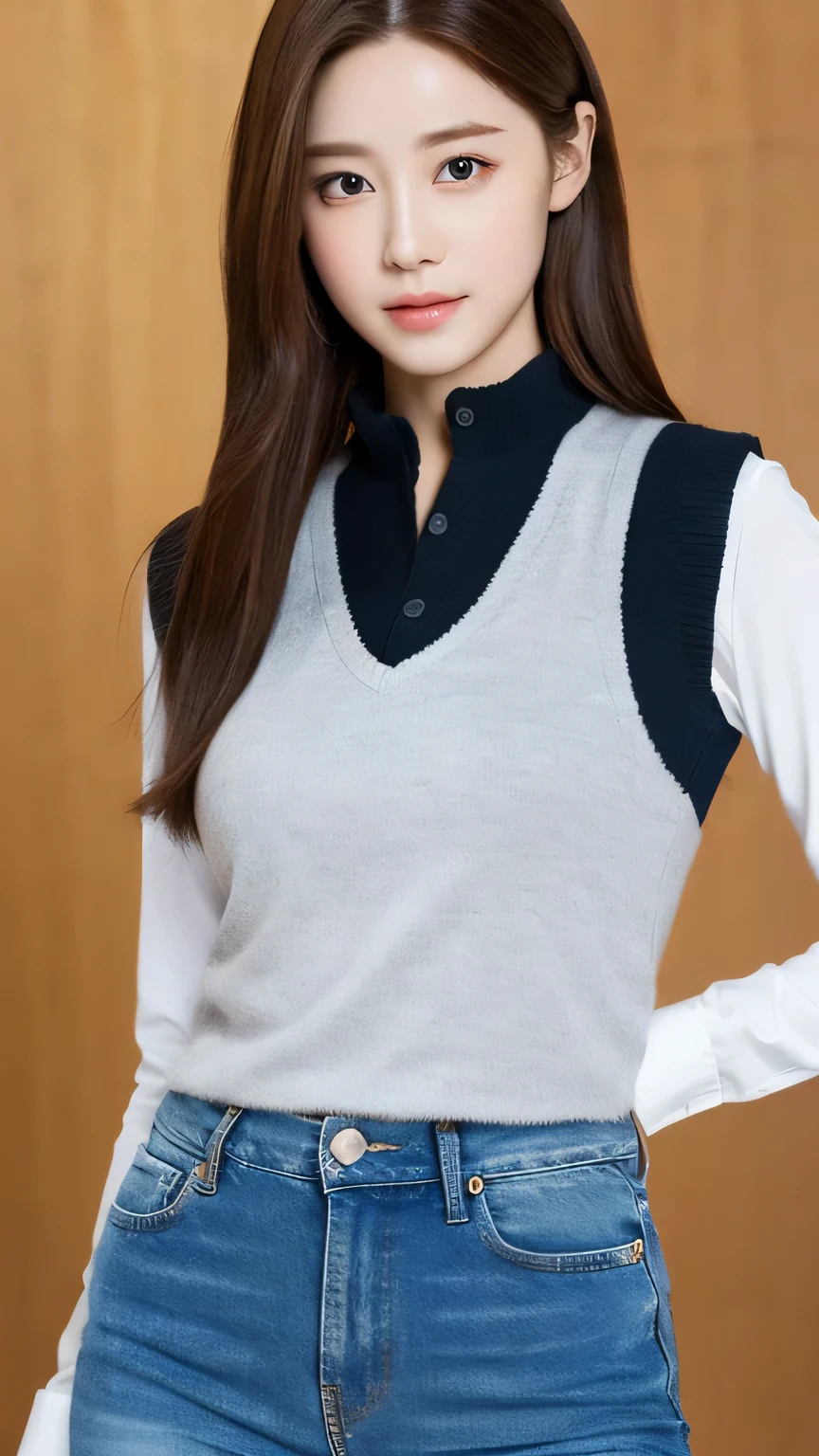 (lifelike, High resolution:1.3), 1 girl with perfect figure, The face shape and eyes are super delicate,long hair, random color vest:1.2, Short jeans, dabubu,Baogou