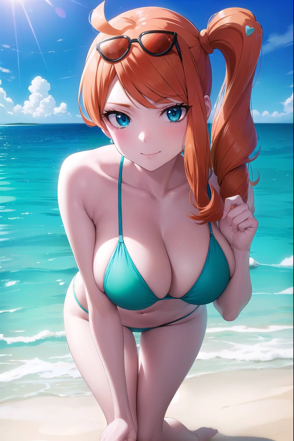 pokemonsonia, pokemonsonia, aqua eyes, heart, heart hair ornament, long hair, orange hair, side ponytail, swept bangs, smile, sexy
BREAK , aqua nails, aqua bikini, big , collarbone, eyewear on head, orange-tinted eyewear, sunglasses, tinted eyewear,
BREAK looking at viewer, (full body), leaning towards
BREAK outdoors, beach, sky, sun,
BREAK (masterpiece:1.2), best quality, high resolution, unity 8k wallpaper, (illustration:0.8), (beautiful detailed eyes:1.6), extremely detailed face, perfect lighting, extremely detailed CG, (perfect hands, perfect anatomy),