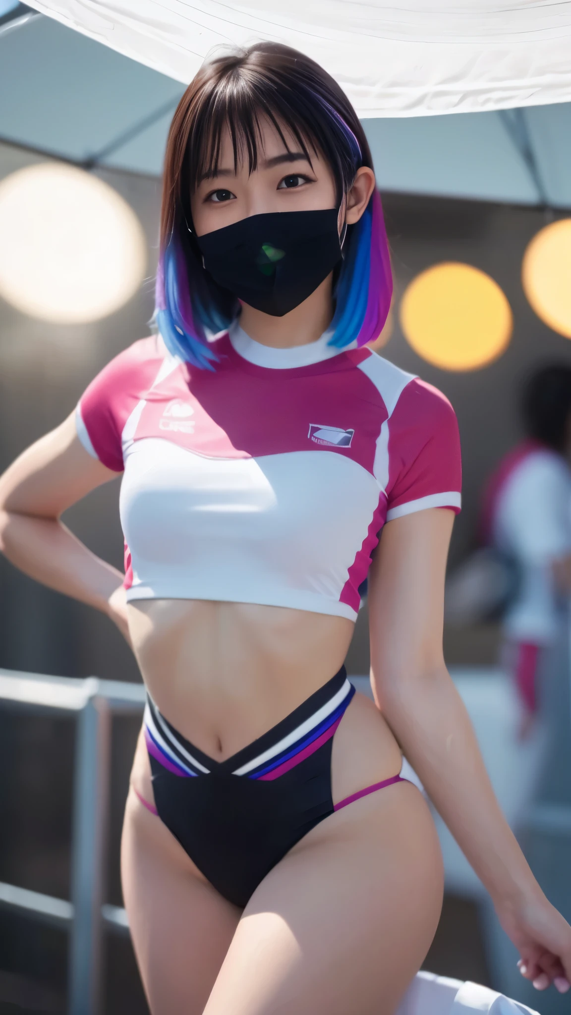 (realism、realistic、Photoreal)、 1 girl, solo, long bob,cheerleader girl、colorful uniform、Sci-Fi Taste、 in the middle of the night, Bokeh, neon light, starry sky, shining hair, rainbow colored hair, Nipple Ring, bangs, black mask, blurry背景, blurry, hair ornaments, look at the audienceください, full body portrait, side lock、(masterpiece、highest quality、Highest image quality、highest resolution、Super detailed、Super exquisite、Realistic textured faceと体)、look at the audience、dynamic pose、dynamic action、Jumping、stadium、support、very thin waist:1.3、Fit-fit uniforms、Sweat、飛び散るSweat、beautiful face、Realistic textured face、