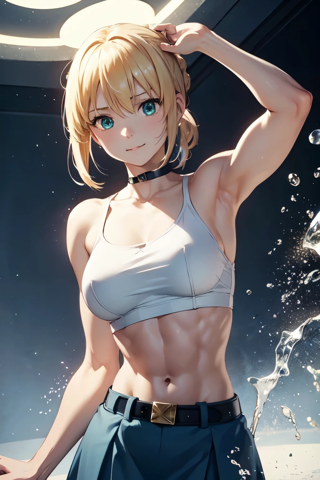 blond hair, braid, ahoge, in full growth, raised eyebrows, sparkling eyes, green eyes, shy smile, atmospheric perspective, anime style, cinematic lighting, glowing light, Wide-Angle, 8k, best quality, masterpiece, high details, high quality, slim and fit young girl, muscular girl, inflated abs and muscles, perfect flat breast, slim waist, blue microskirt,  belt, eyelashes, saber
