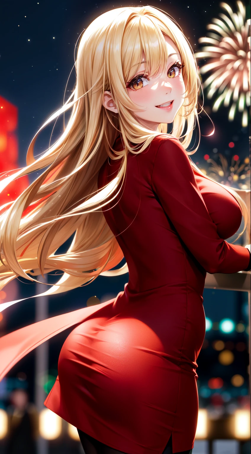 Full HD, Super detailed, high quality, master likes it, Bokeh, woman, 30 years, stockings, red midi dress, compensate, night, fireworks light, seductive smile, Lens flare,long hair,blonde,applause