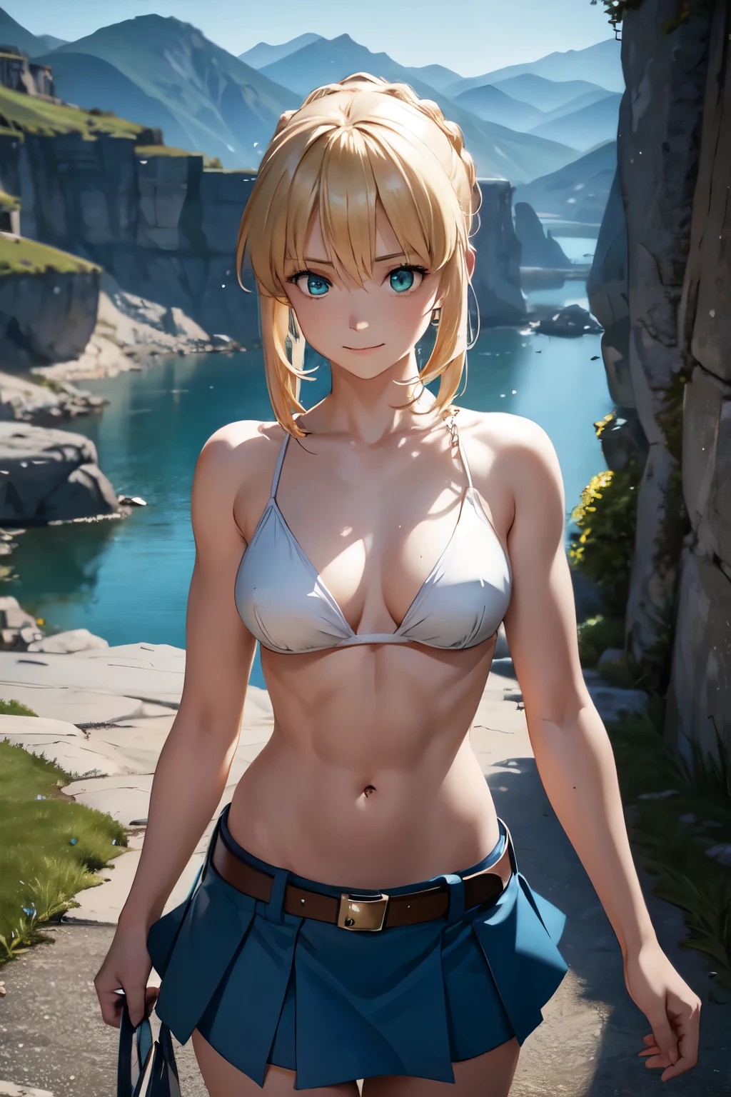 blond hair, braid, ahoge, in full growth, raised eyebrows, sparkling eyes, green eyes, shy smile, atmospheric perspective, anime style, cinematic lighting, glowing light, Wide-Angle, 8k, best quality, masterpiece, high details, high quality, slim and fit young girl, muscular girl, inflated abs and muscles, perfect flat breast, slim waist, blue microskirt, belt, eyelashes, saber, topless