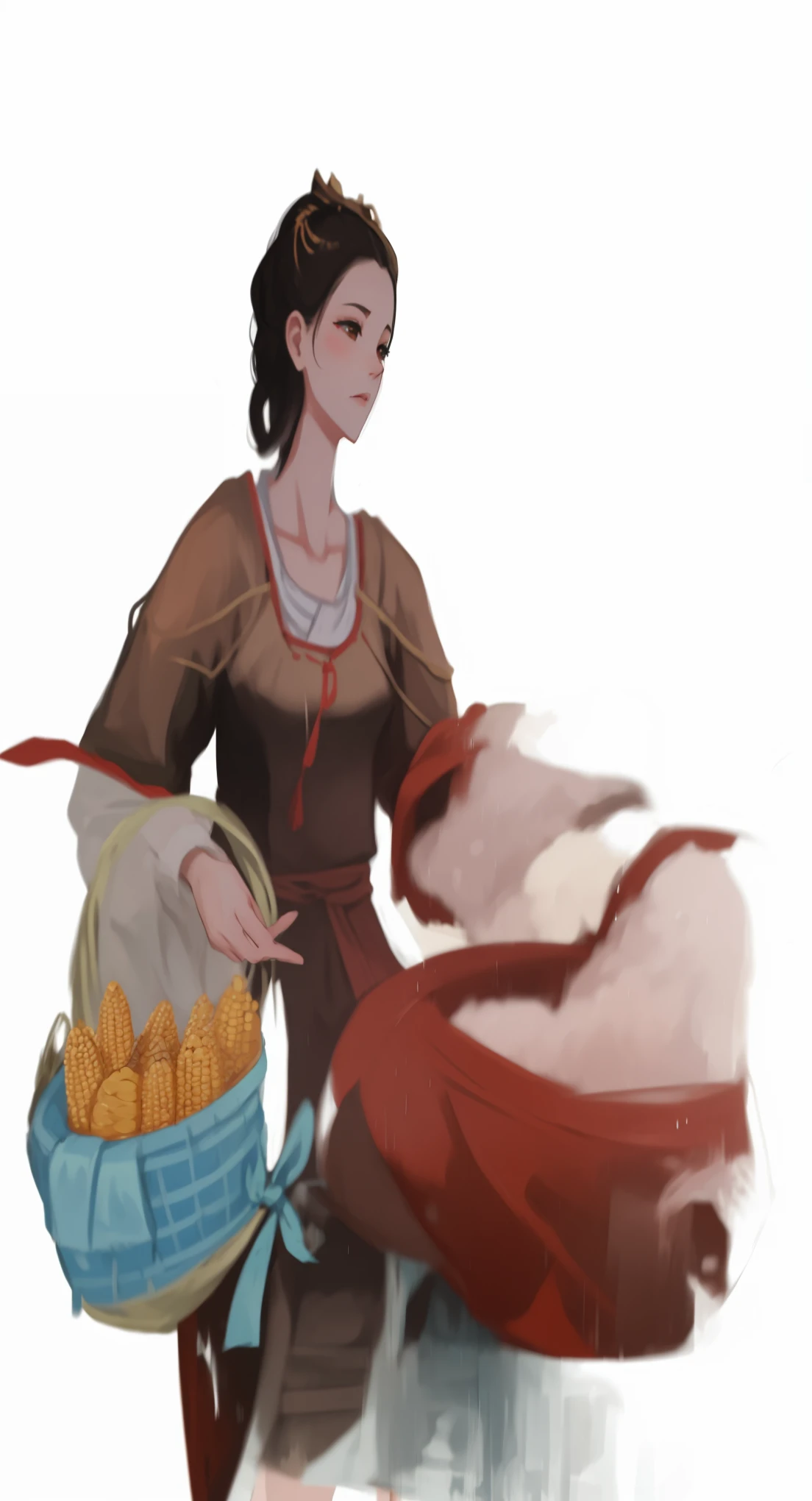 there is a woman holding a basket of corn and a basket of corn, inspired by Ju Lian, inspired by Lan Ying, inspired by Li Mei-shu, inspired by Du Qiong, aerith gainsborough, the goddess of autumn harvest, inspired by Tang Yifen, inspired by Qiu Ying, inspired by Sim Sa-jeong, inspired by Lü Ji