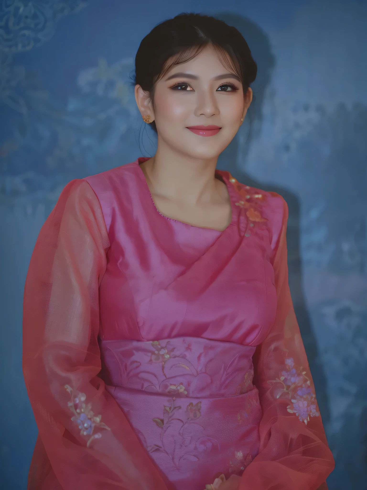 portrait of a beautiful woman wearing a pink kebaya, detailed eyes, detailed lips, long eyelashes, elegant pose, vibrant background, soft lighting, ultra-detailed, photorealistic, vivid colors, bokeh, feminine beauty, graceful, delicate features, radiant smile, intricate embroidery, flowing fabric, subtle makeup, regal appearance, traditional attire, cultural significance, mesmerizing gaze, portrait artistry.