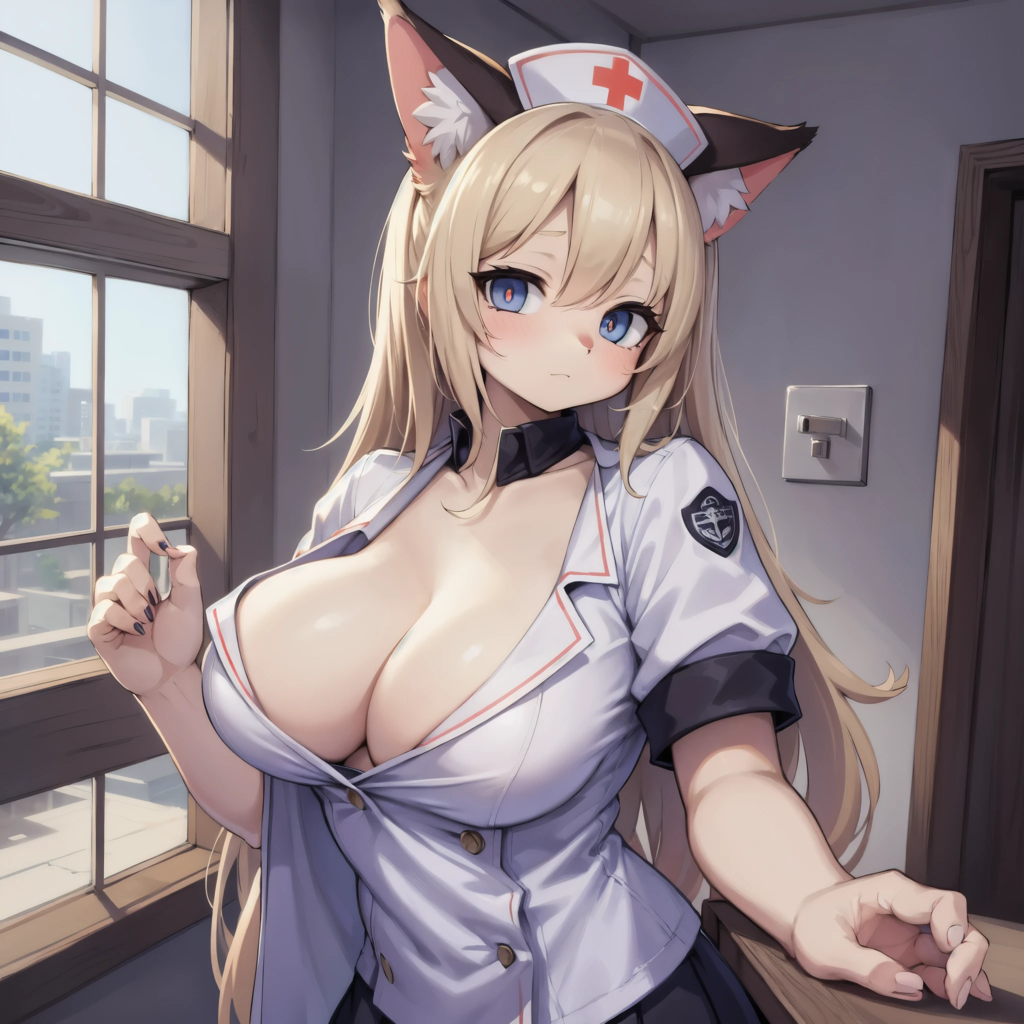 Cat nurse reaching for me anxiously, hospitals, Hospital room, White curtains, sunlight, window, nurse's outfit, , cleavage(hiailed beautiful face and eyes)absurdres, perfect anatomy(kemono, angelic cute girl, solo focus)(furry anthro)(furry anthro)(very detailed body fur)Cat nurse reaching for me anxiously,