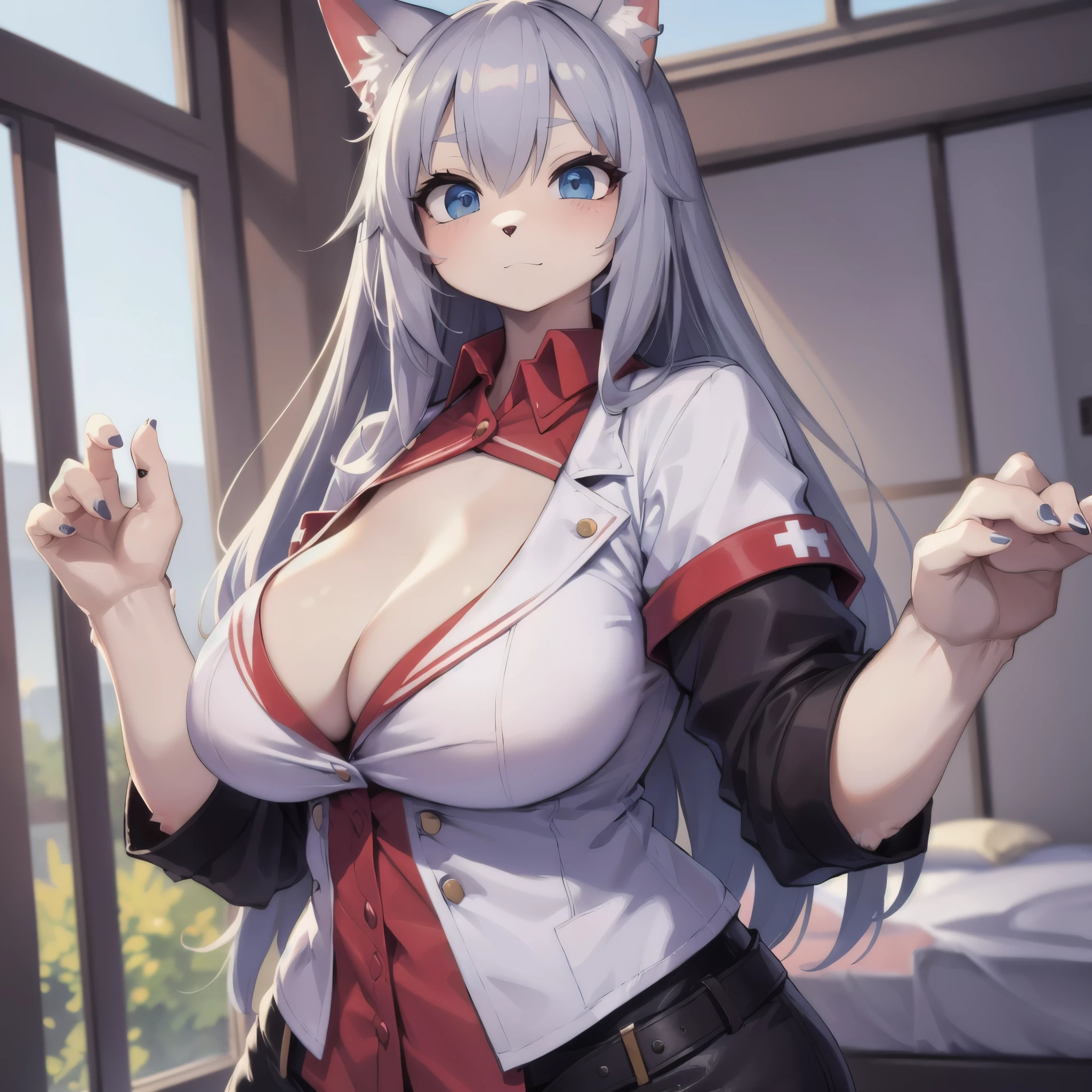 Cat nurse reaching for me anxiously, hospitals, Hospital room, White curtains, sunlight, window, nurse's outfit, big breasts, cleavage(highly detailed beautiful face and eyes)absurdres, perfect anatomy(kemono, angelic cute girl, solo focus)(furry anthro)(furry anthro)(very detailed body fur)Cat nurse reaching for me anxiously,