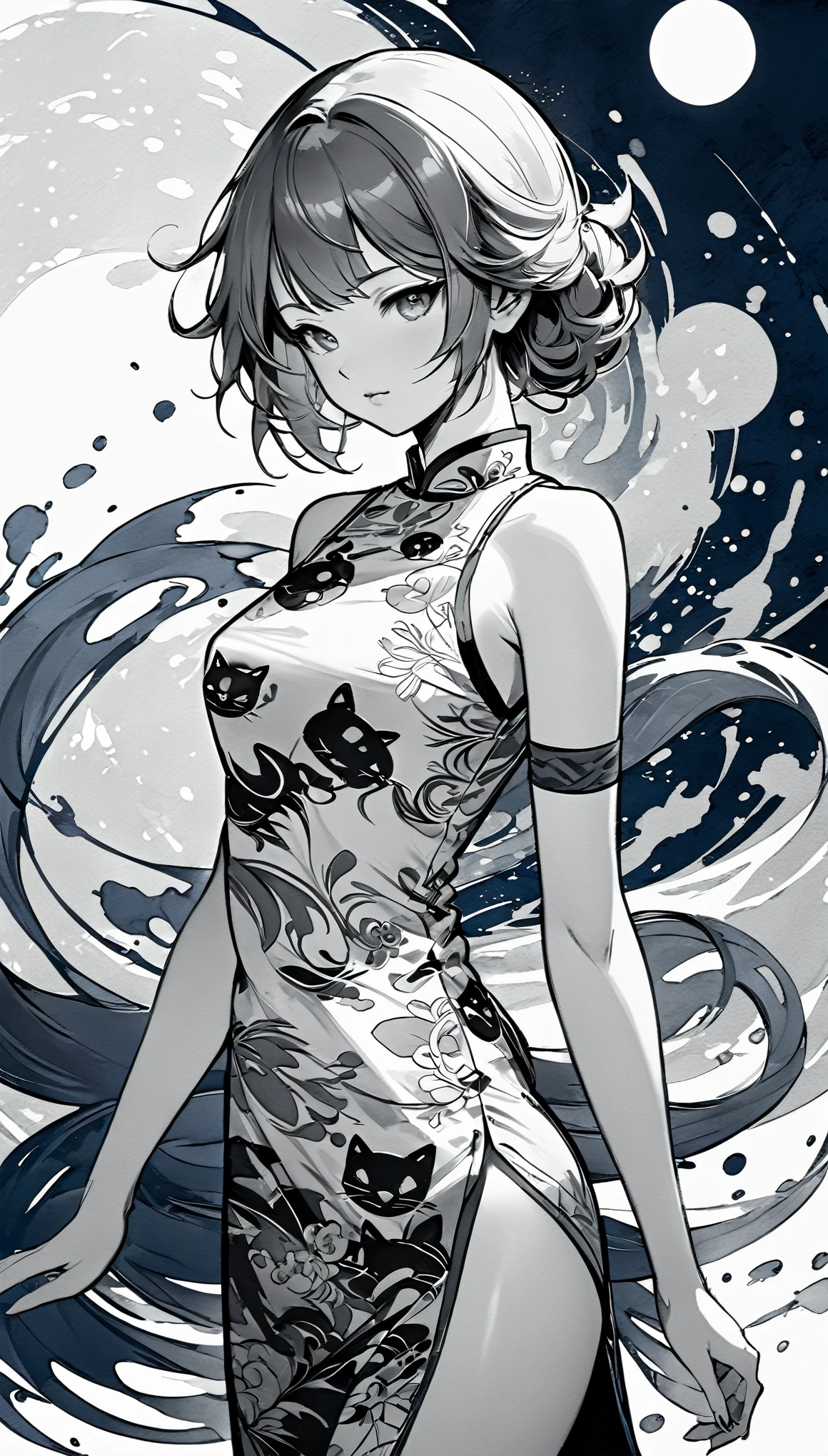 (Pencil_Sketch:1.2, messy lines, greyscale, traditional media, sketch),a girl, streaked hair, streaked hair, Blue and white porcelain cheongsam, Black and white yin yang tai chi background, gangster girl, backlight, Deep shadows, cat silhouette light, Cat squats on girl‘s shoulder, Charming suit cheongsam design, minimalist style, Tai Chi, Yin Yang style, Ink splash style background., chiaroscuro, glowing light, backlighting, motion lines, Carl Larsson, UHD, anatomically correct, masterpiece, retina, UHD, masterpiece