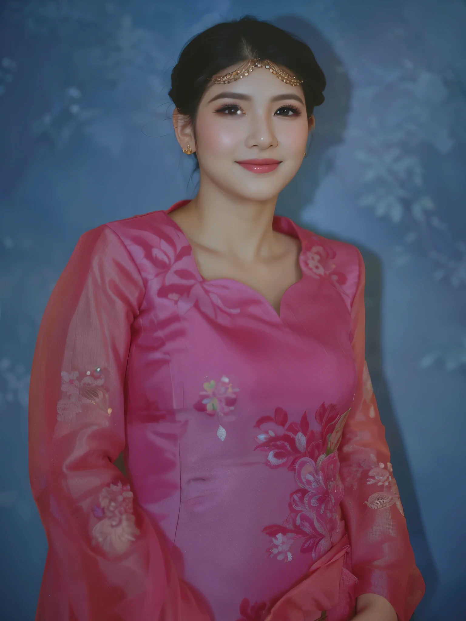 portrait of a beautiful woman wearing a pink kebaya, detailed eyes, detailed lips, long eyelashes, elegant pose, vibrant background, soft lighting, ultra-detailed, photorealistic, vivid colors, bokeh, feminine beauty, graceful, delicate features, radiant smile, intricate embroidery, flowing fabric, subtle makeup, regal appearance, traditional attire, cultural significance, mesmerizing gaze, portrait artistry.