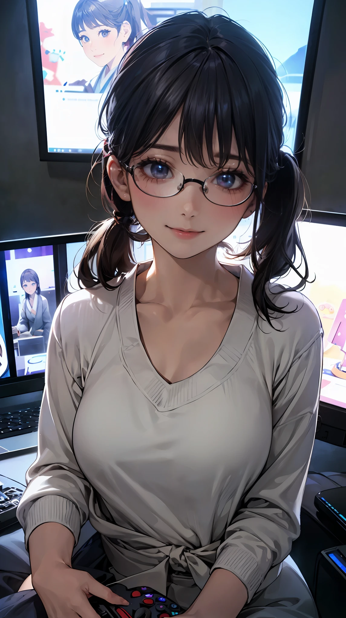 (masterpiece:1.3, top-quality, ultra high res, ultra detailed), (realistic, photorealistic:1.4), beautiful illustrations, perfect lighting, natural lighting, colorful, depth of fields,
looking at the viewer, upper body, (front view), 1 girl, perfect face, cute symmetrical face, shiny skin, baby face, long eyelash, (large breasts), (wide hips),
beautiful detailed hair, beautiful detailed face, beautiful detailed eyes, beautiful body, beautiful clavicle, beautiful breasts, beautiful thighs, beautiful feet, beautiful fingers,
(beautiful scenery, cute smile:1.2, upper eye),beautiful girl, glasses, pigtails, (only sweatshirt), game controller, headphone,
(multiple computers:1.5), (dark room:1.5), sitting on the floor, under the covers, (disheveled, japanese room:1.2, lots of game consoles), erotic game,