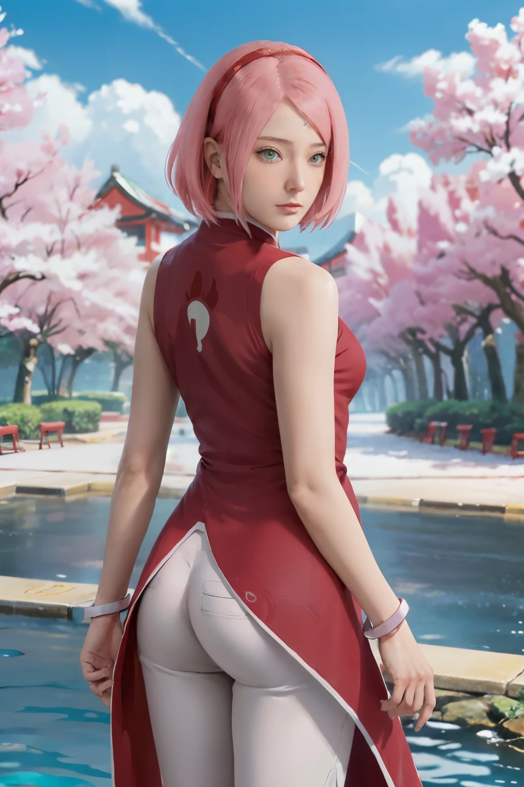 
Sakura Uchiha. a woman was standing and looking back. in a park. she was seen wearing a heart red cheongsam. the sleeveless one. and pink trousers. He also wears bracelets on both hands. she has short pink hair. she looks so beautiful and realistic