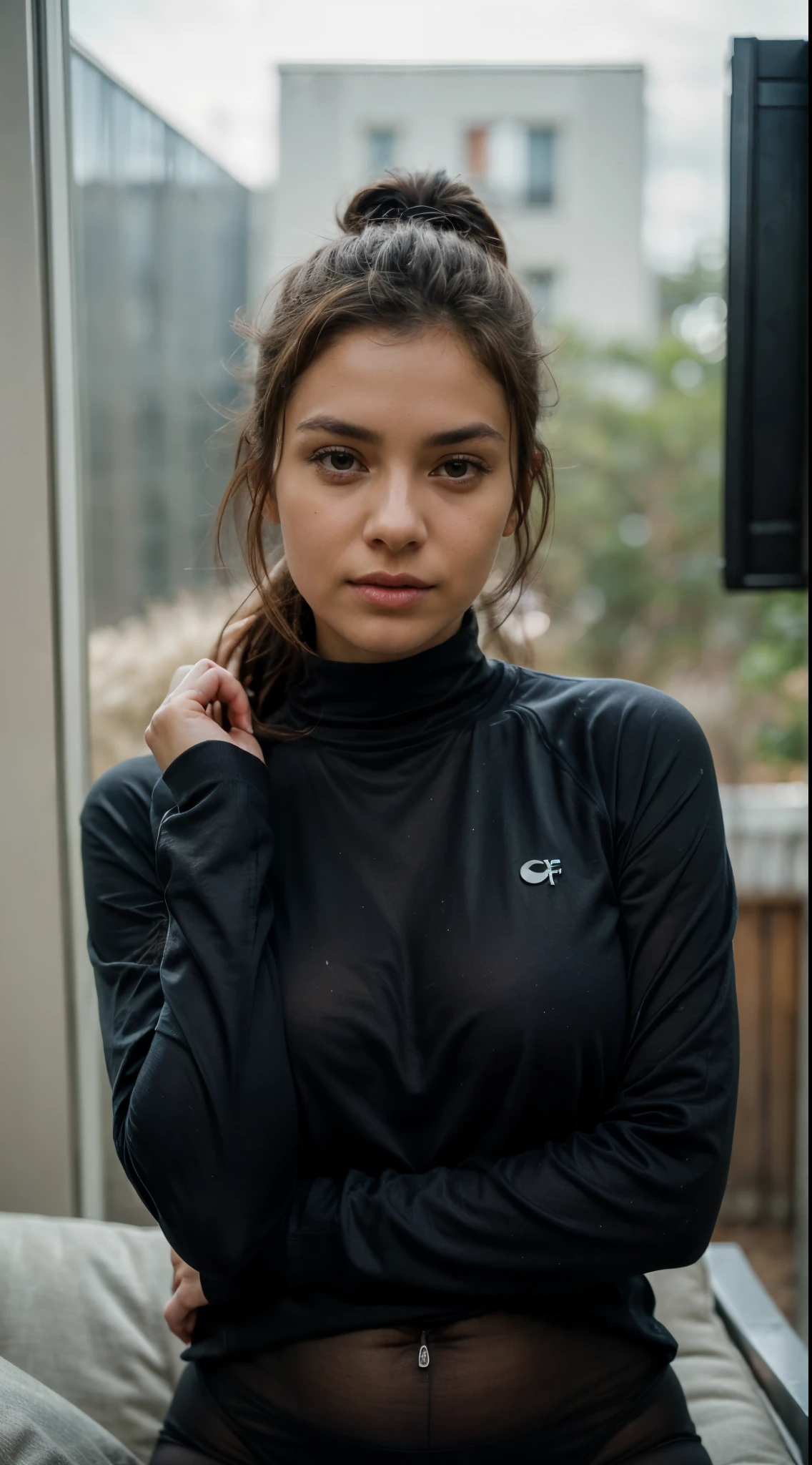 one beautiful woman, rebel, oval face, senseful lips, big brown eyes, 30 years old, slim sporty body, middle size breast, leaning back on a sofa, full body, half-side view, wearing tights and oversize sweatshirt, long dark brown hair, clothes are whole and consitant, no text, night time, backgorund blurred, cinematic lighting, motion blur, film grain, very detailed, 30 years, dark brown eyes, high-res, masterpiece, best quality, intricate details, highly detailed, sharp focus, detailed skin, realistic skin texture, texture, detailed eyes, professional, 4k, 85mm, shallow depth of field, perfect fit body, extremely detailed, photo_\(ultra\), photorealistic, realistic, post-processing, maximum detail, roughness, real life, ultra realistic, photorealism, photography, 8k uhd, photography (grain of film) medium shot for closeup shot, longer slimer face, perfect face, HANDS ARE HIDDEN, natural legs, wearing tights, natural arms, long face, slim face, flirty look, charming deep eyes, oval face