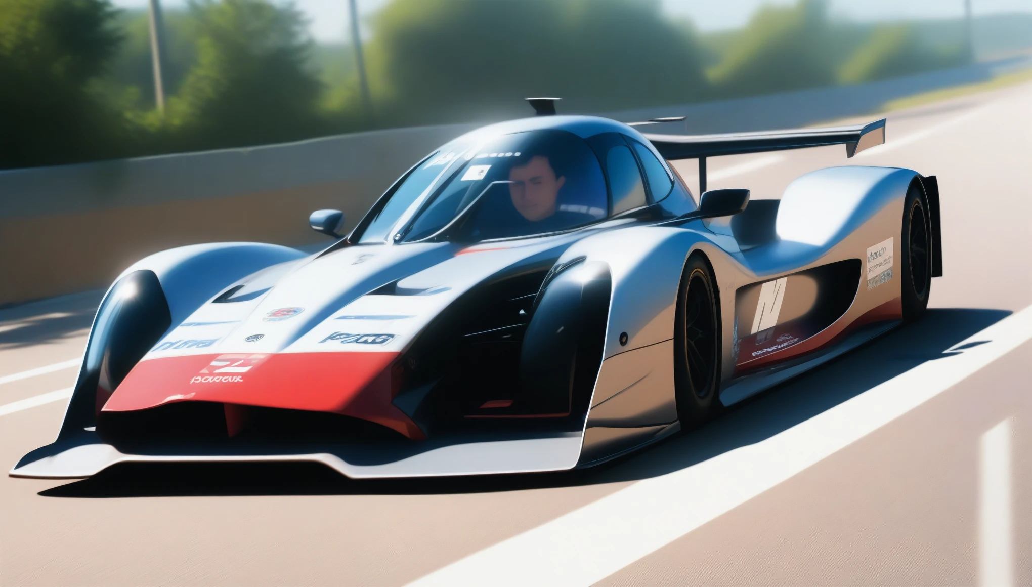 photo, photorealistic, (masterpiece, best quality:1.2), A silver racing car with a beautiful metallic luster is running under the sunlight