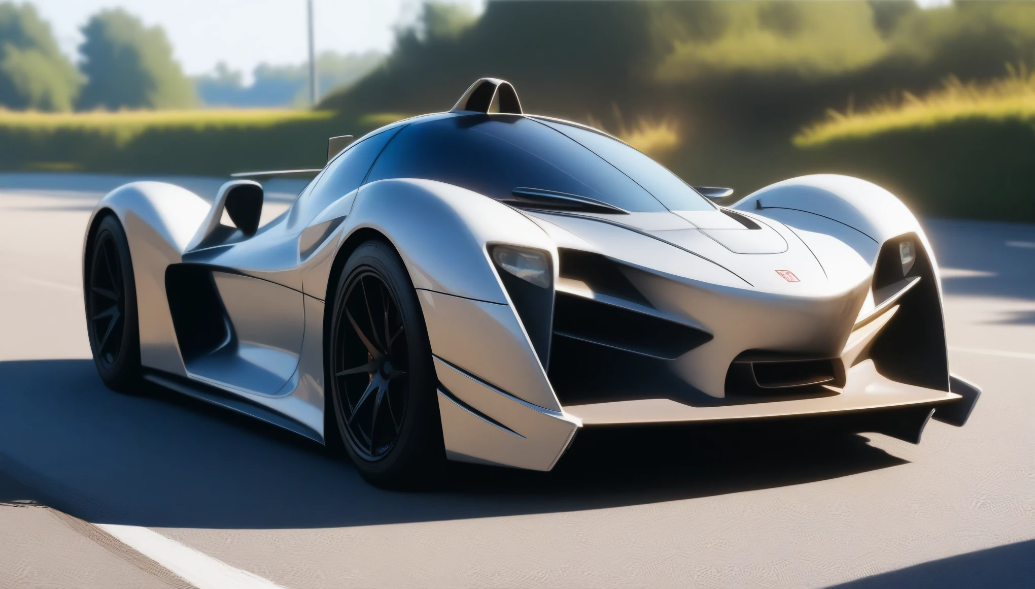 photo, photorealistic, (masterpiece, best quality:1.2), A silver racing car with a beautiful metallic luster is running under the sunlight