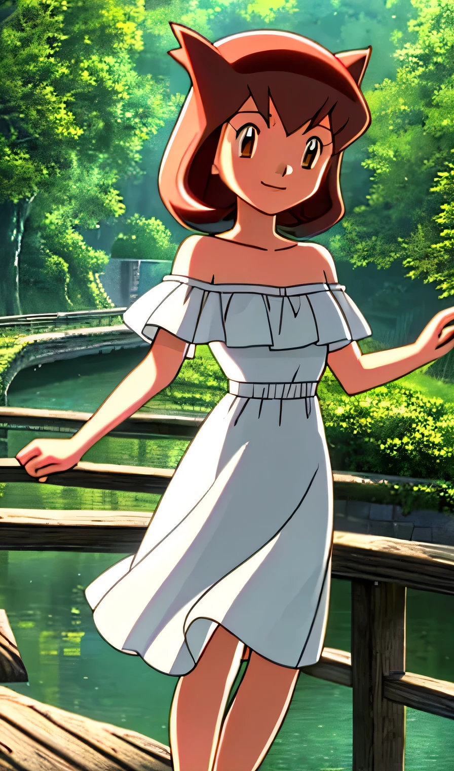 masterpiece, best quality, ultra-detailed, illustration, beautiful detailed eyes, very detailed illustration, cinematic lighting, 1 girl, solo, Pokemon Heroes, Latias (Bianca), Latias’ Brown Hair Ears, brown eyes, 1 girl, solo, bare shoulders, strapless, off shoulders, ruffle off the shoulder top, white maxi dress, white slippers, intricate details, sharp focus, high resolution, the background of beautiful forest and canals, smile, cowboy shot, standing on the bridge, arms behind back, anime style, ultra-detailed, hdr, in the center,
