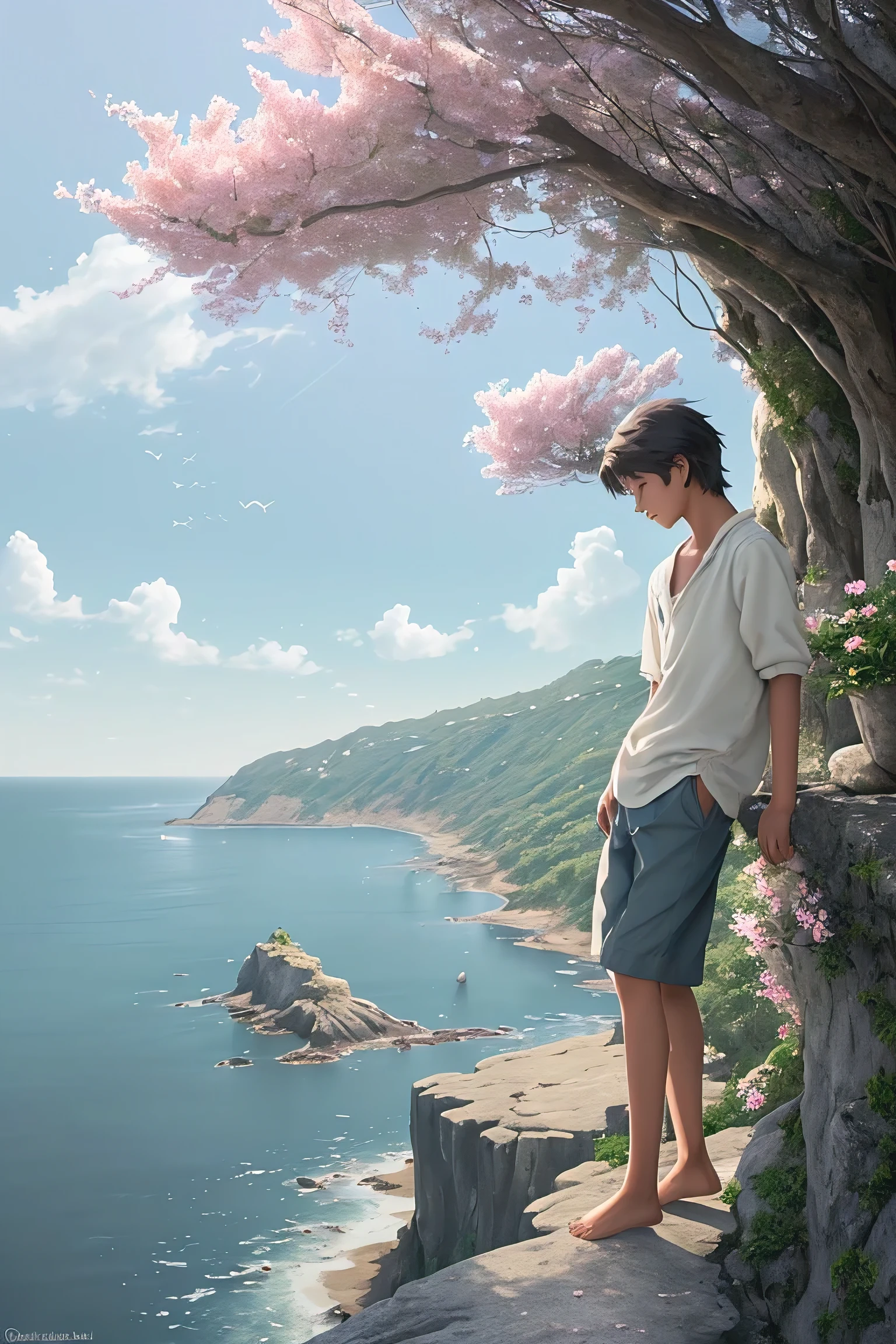 Create a serene scene of a  boy standing barefoot on a rocky outcrop overlooking a tranquil bay. Around him, colorful blossoms sway gently in the salty breeze, their fragrant scent mingling with the sea air. As he leans against a weathered wooden railing, his eyes are fixed on the horizon where fluffy cumulus clouds dance in the afternoon sunlight, casting ever-changing patterns of light and shadow on the rippling water below. In anime style