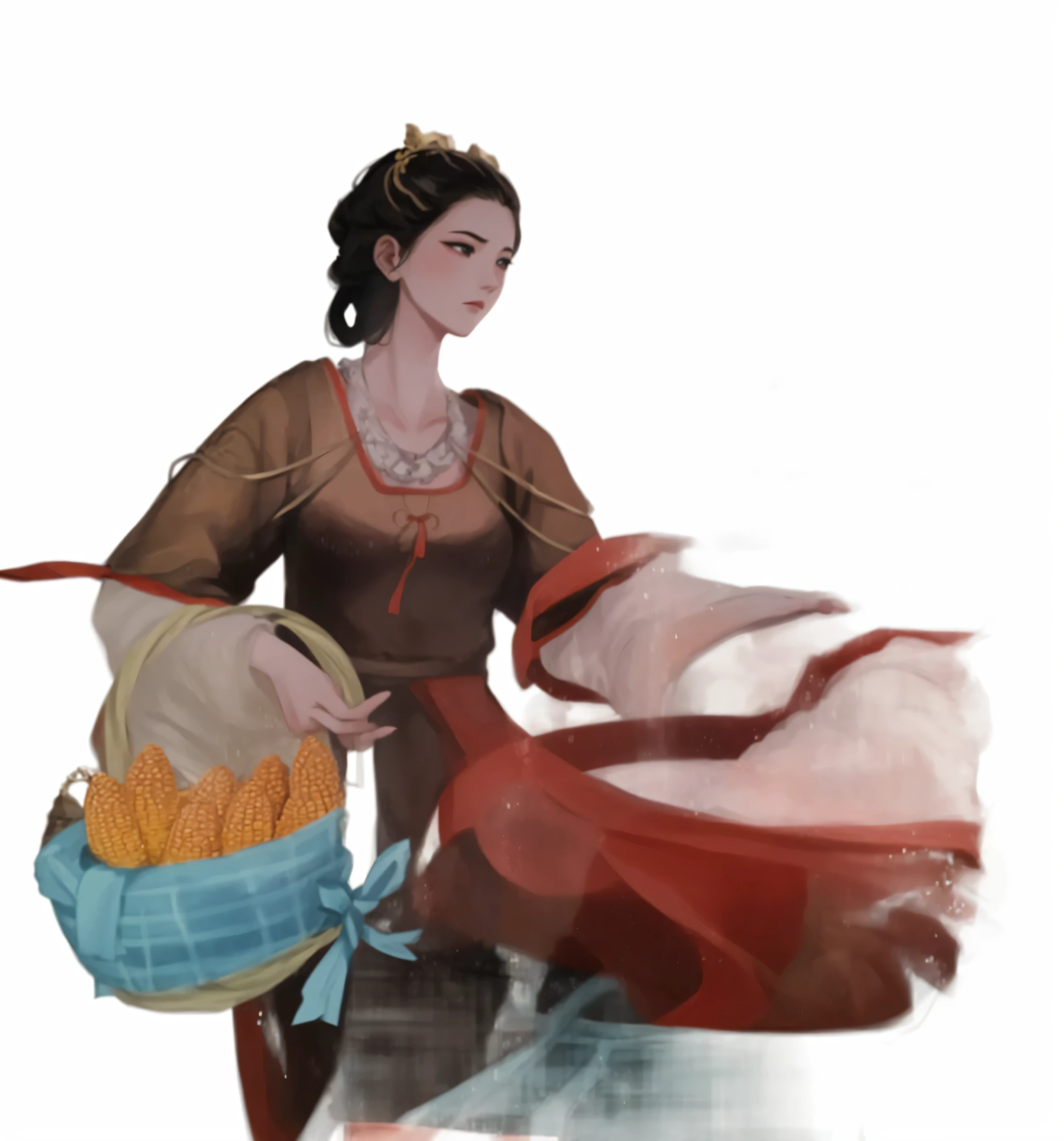 there is a woman holding a basket of corn and a basket of corn, inspired by Ju Lian, inspired by Lan Ying, inspired by Li Mei-shu, inspired by Du Qiong, aerith gainsborough, the goddess of autumn harvest, inspired by Tang Yifen, inspired by Qiu Ying, inspired by Sim Sa-jeong, inspired by Lü Ji