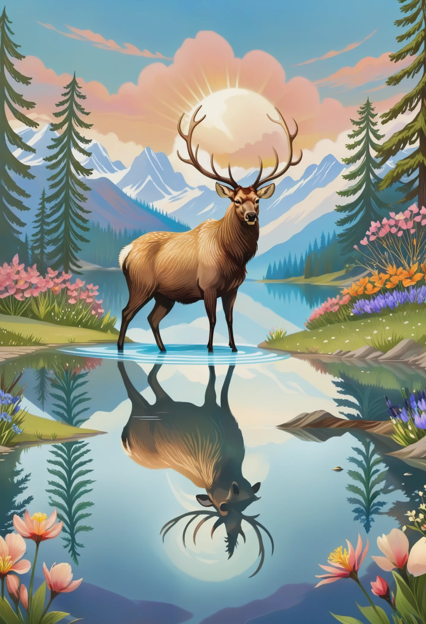 spring，flowers in bloom，Beautiful scenery，Elk by the lake，reflection in water，Symmetrical composition online