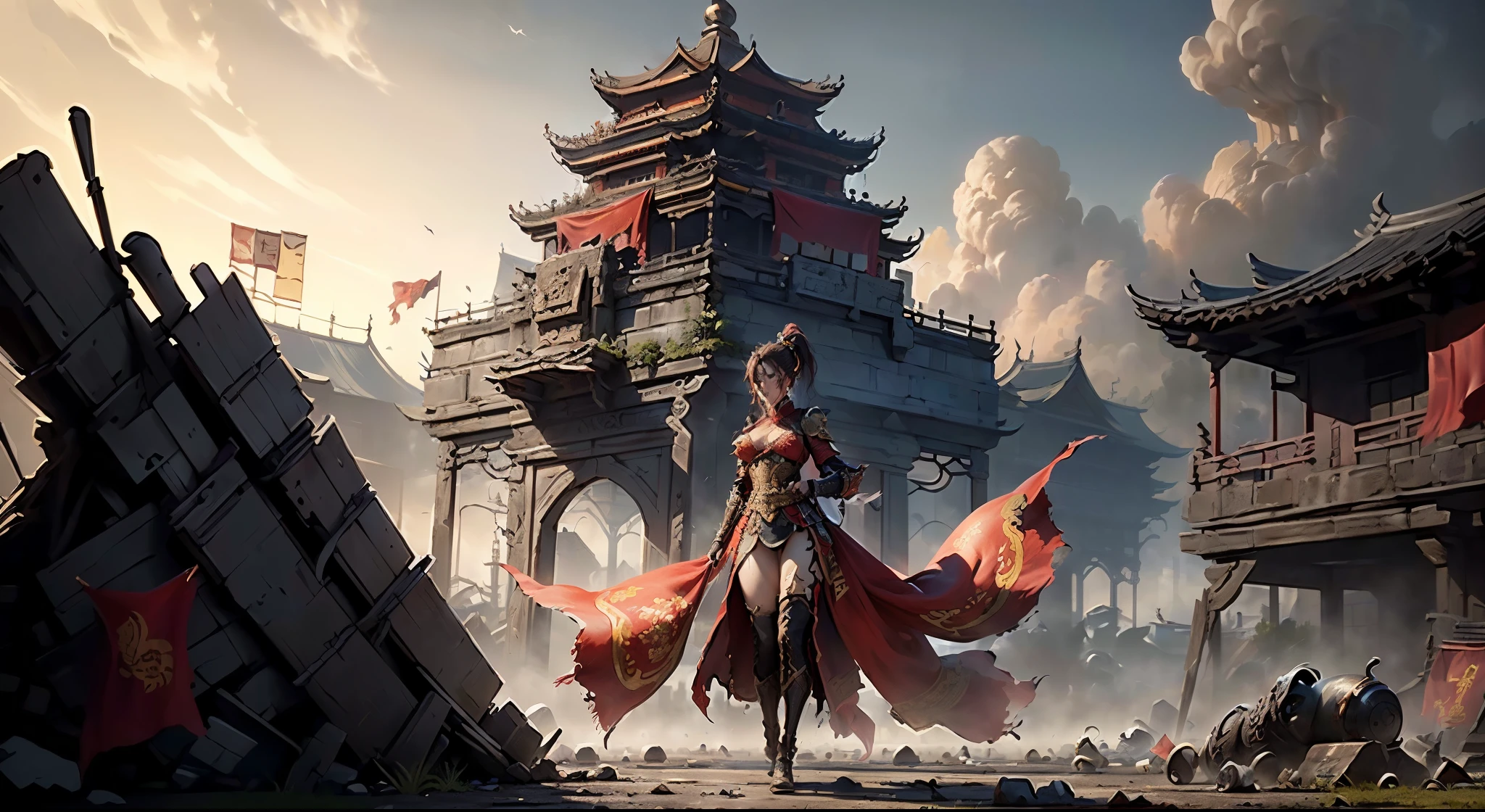 ((epic composition,Ancient battlefield of China,A woman in armor holds a tattered red flag,Corpses everywhere,Rich scene details,siege,In the distance is the tall city gate)),((8k+ultra high resolution+ultra high definition+masterpiece+detailed)),(high ponytail)
