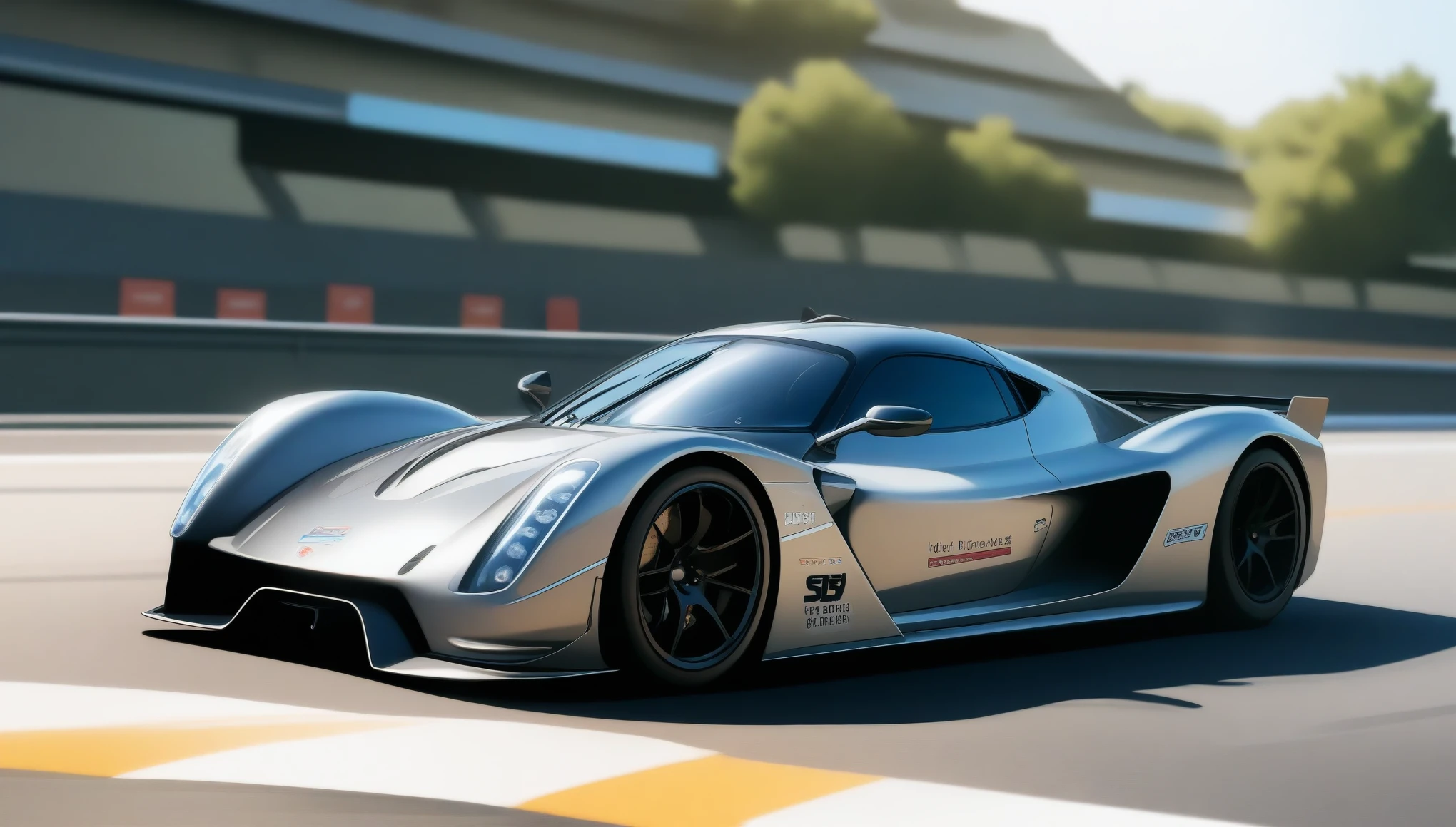 photo, photorealistic, (masterpiece, best quality:1.2), A silver racing car with a beautiful metallic luster is running under the sunlight