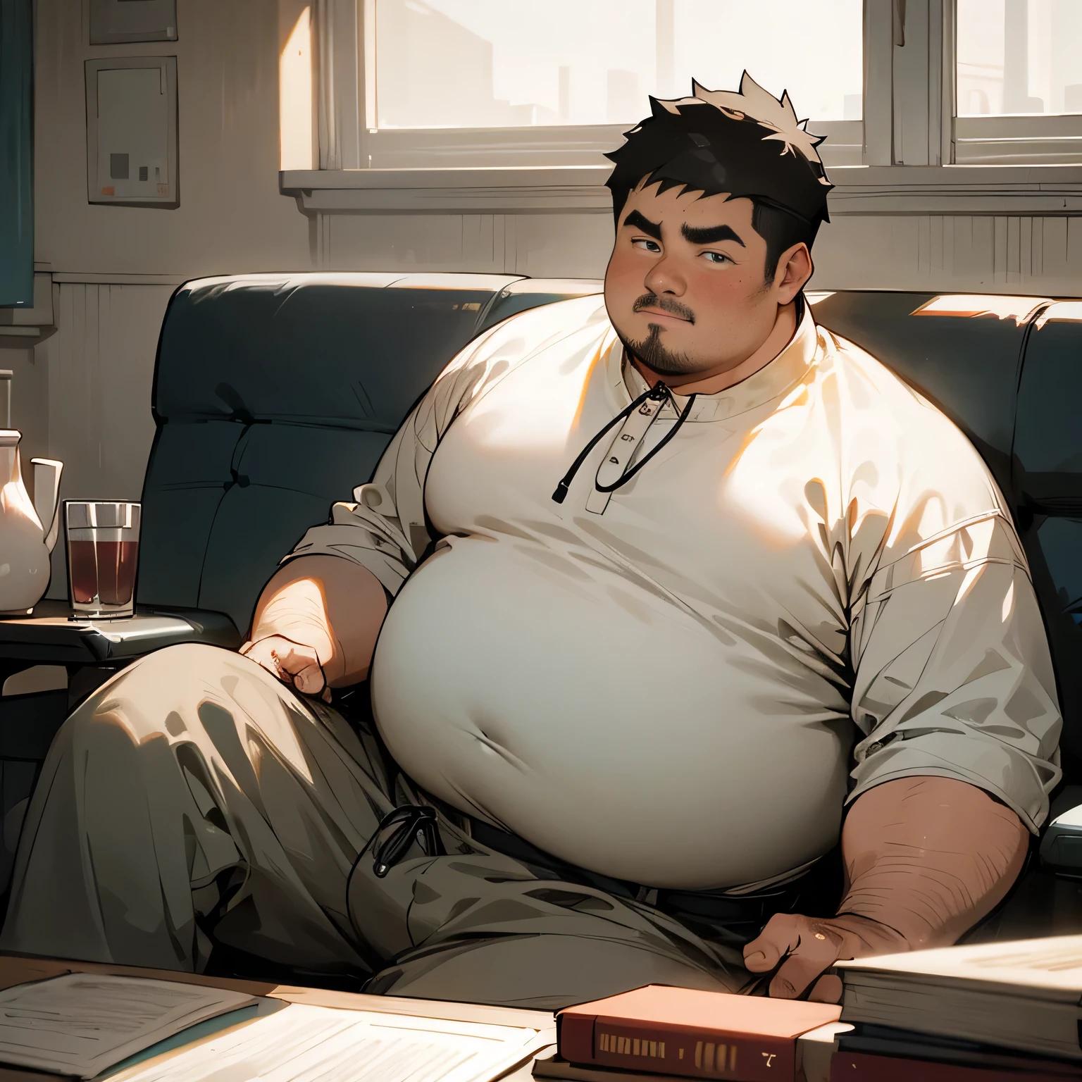 A middle-aged fat man stared at，Breathing heavily, cover your crotch, Wear light gray dirty Sweats, short black hair, (obesity: 1.0), 30 years old, bookworm, Wear light gray tracksuit, Shy, Sit in front of a screen, on the contrary, In a dusty private room, casual thin hair, thick neck、round face、A lot of fat, Sweat, alone, Asian,