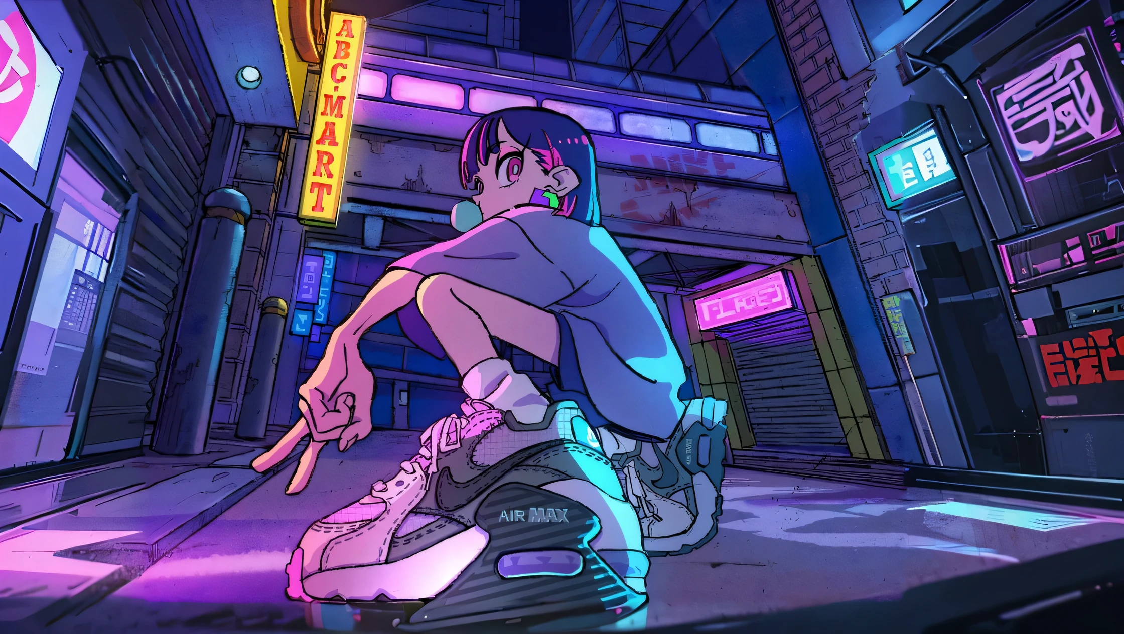 uma imagem de desenho animado de uma pessoa ajoelhada na rua com um par de sapatos, 8 0 s anime vibe, estilo de arte cyberpunk, Estilo anime dos anos 90, Estilo de anime dos anos 90, inspirado em Liam Wong, cyberpunk digital - arte de anime, arte digital anime cyberpunk, Estilo anime dos anos 80, estilo de arte cyberpunk, arte de anime cyberpunk, Arte cyberpunk de anime, cyberpunk vibes