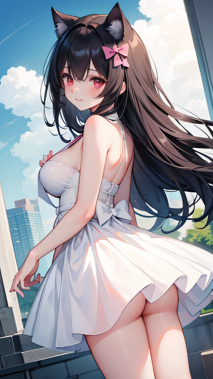 masterpiece, best quality, {best quality}, {{masterpiece}}, {High resolution}, focus, anime style, Cartoon close-up of a woman, girls design, portrait, gisha, anime image, long hair, black hair, Look straight into the eyes, hair covering ears, happy, Polished and powerful look, out of tune, High, freckle, Smile, chic, rich and colorful, beautiful hair color、 beautiful eyes、 beautiful skin、beautiful legs、beautiful arms、perfect fingers、 Very cute，white hair, long hair，white cat ears, white cat tail,best quality，High resolution，top quality，pink bow，slender eyebrows，hair slightly moist，little girl，very young，18 years old，Shy的Smile，Lift up most of the skirt with both hands，Wearing black knee-high socks on the right leg，Wearing white knee socks on left leg，extra large breasts，plump breasts，tall figure，pink bow ，Red eyes，white skirt，Blushed，Shy，凸显extra large breasts，Breasts mostly exposed，Showing big cleavage，Your back is facing me，Show little butt，extra large breasts，exposed breasts，Only a little bit of clothes on the whole body