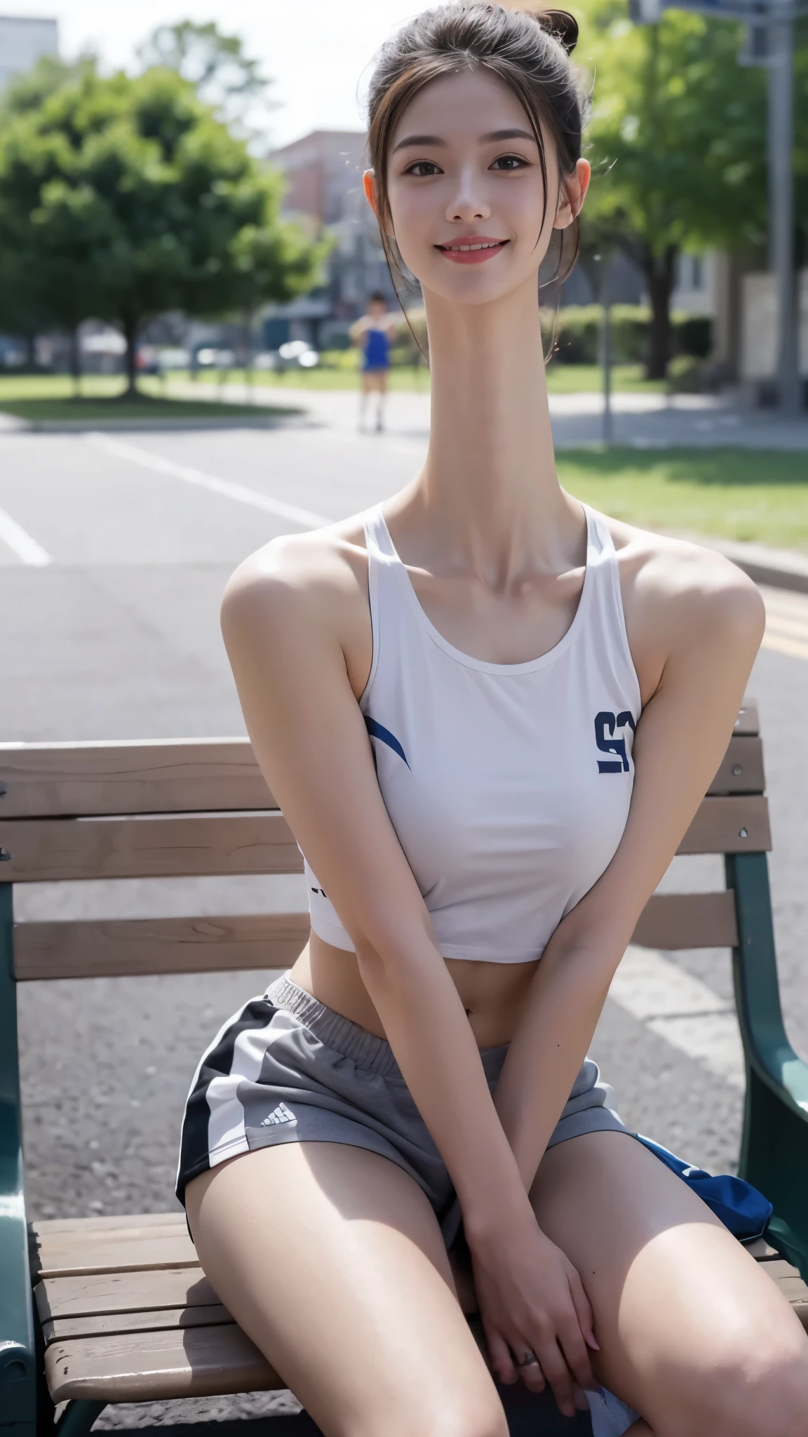 masterpiece, professional photo, muted colors, blurred background, tall beautiful young woman, tall girl, sportswear, gray sports top and shorts, sitting on a bench, warm smile, (longneck:1.4), tall