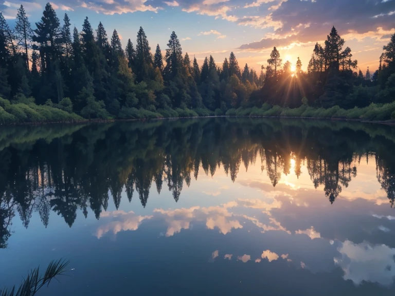 best quality,4k,8k,highres,masterpiece:1.2,ultra-detailed,realistic:1.37,impressionism,soft colors,beautiful sunset,dreamy lighting,water ripples,tall trees,quiet pond,serene atmosphere,tranquil moment,peaceful reflection,gentle breeze,blurred background,subtle brush strokes,calmness,mirror-like surface,meditative,harmonious colors,silhouette of birds flying,vivid hues,light and shadow interplay